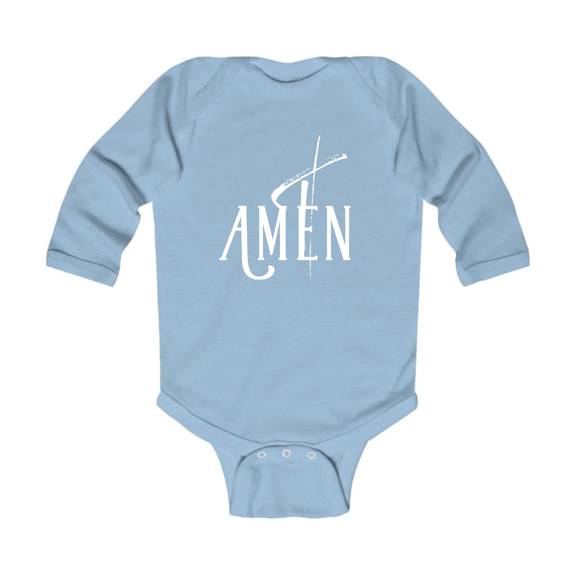 Infant Long Sleeve Graphic T-shirt featuring AMEN White Print, showcasing soft fabric and lap shoulder design.