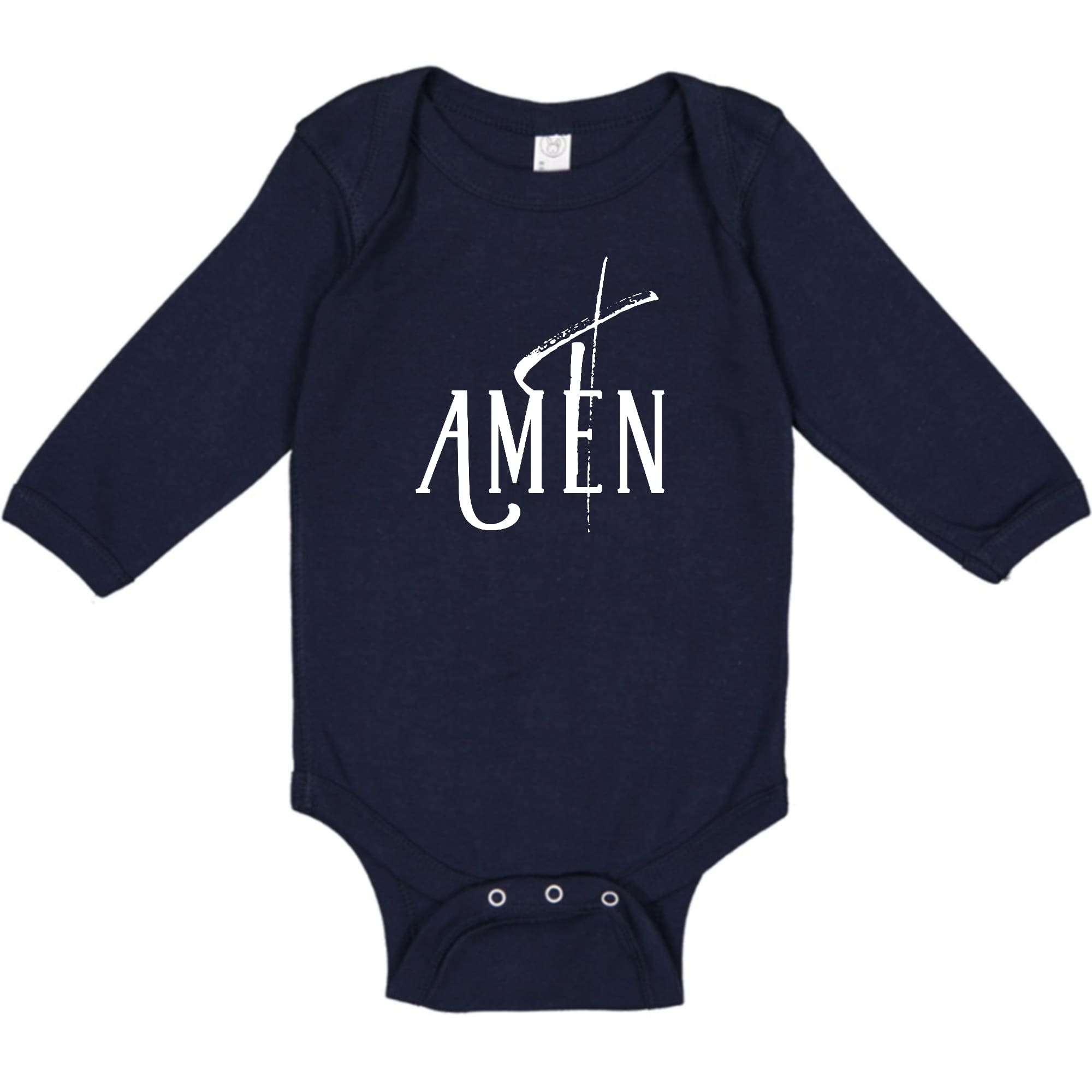 Infant Long Sleeve Graphic T-shirt featuring AMEN White Print, showcasing soft fabric and lap shoulder design.