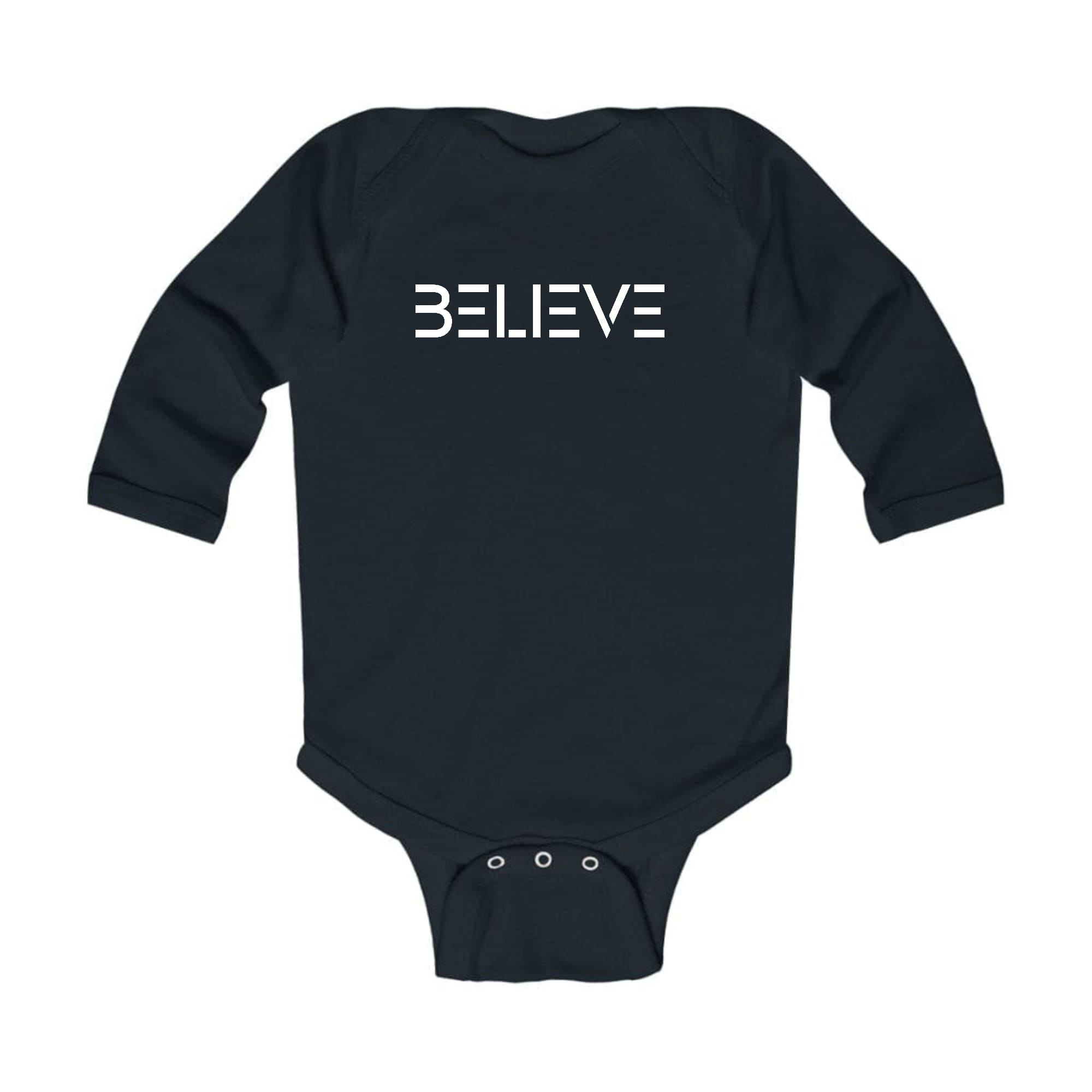 Infant Long Sleeve Graphic T-shirt in white with Believe print, featuring lap shoulders and three snap closure for easy dressing.