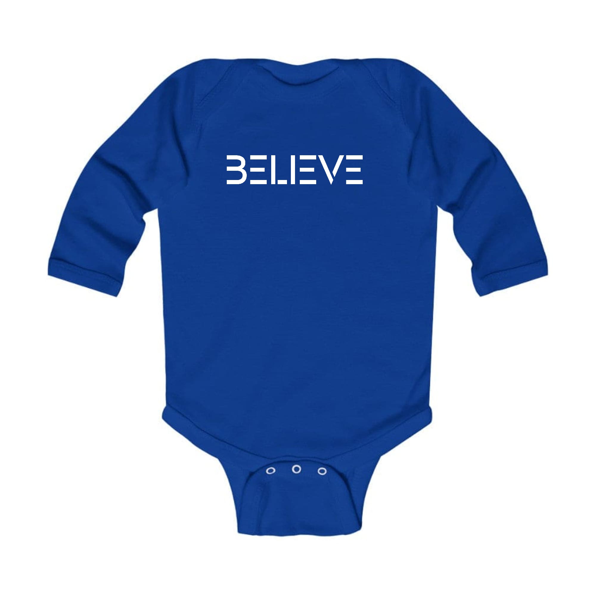 Infant Long Sleeve Graphic T-shirt in white with Believe print, featuring lap shoulders and three snap closure for easy dressing.