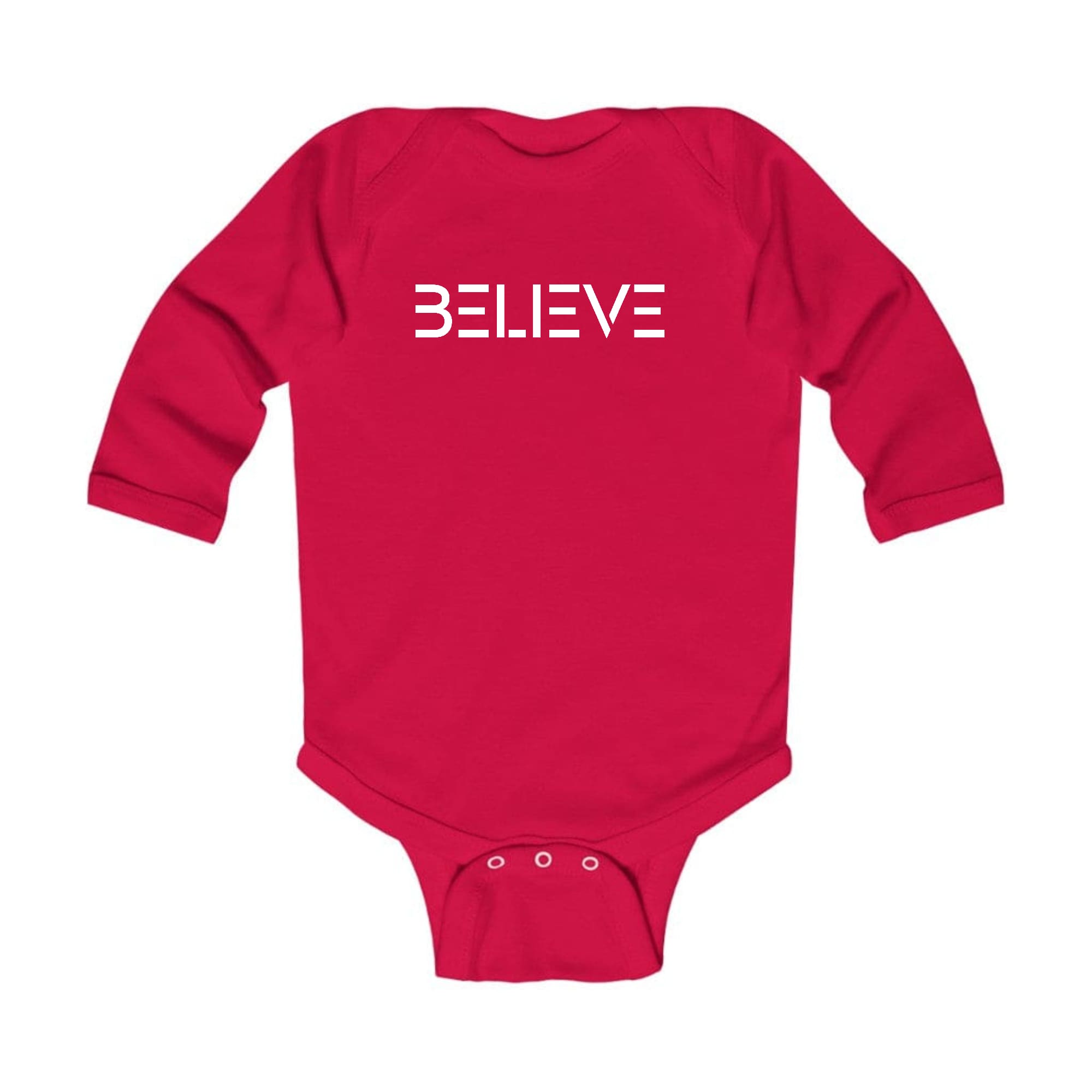 Infant Long Sleeve Graphic T-shirt in white with Believe print, featuring lap shoulders and three snap closure for easy dressing.