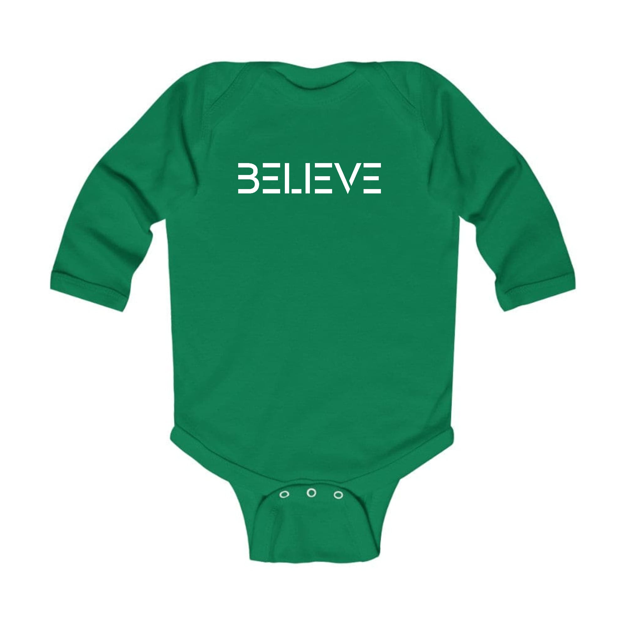 Infant Long Sleeve Graphic T-shirt in white with Believe print, featuring lap shoulders and three snap closure for easy dressing.