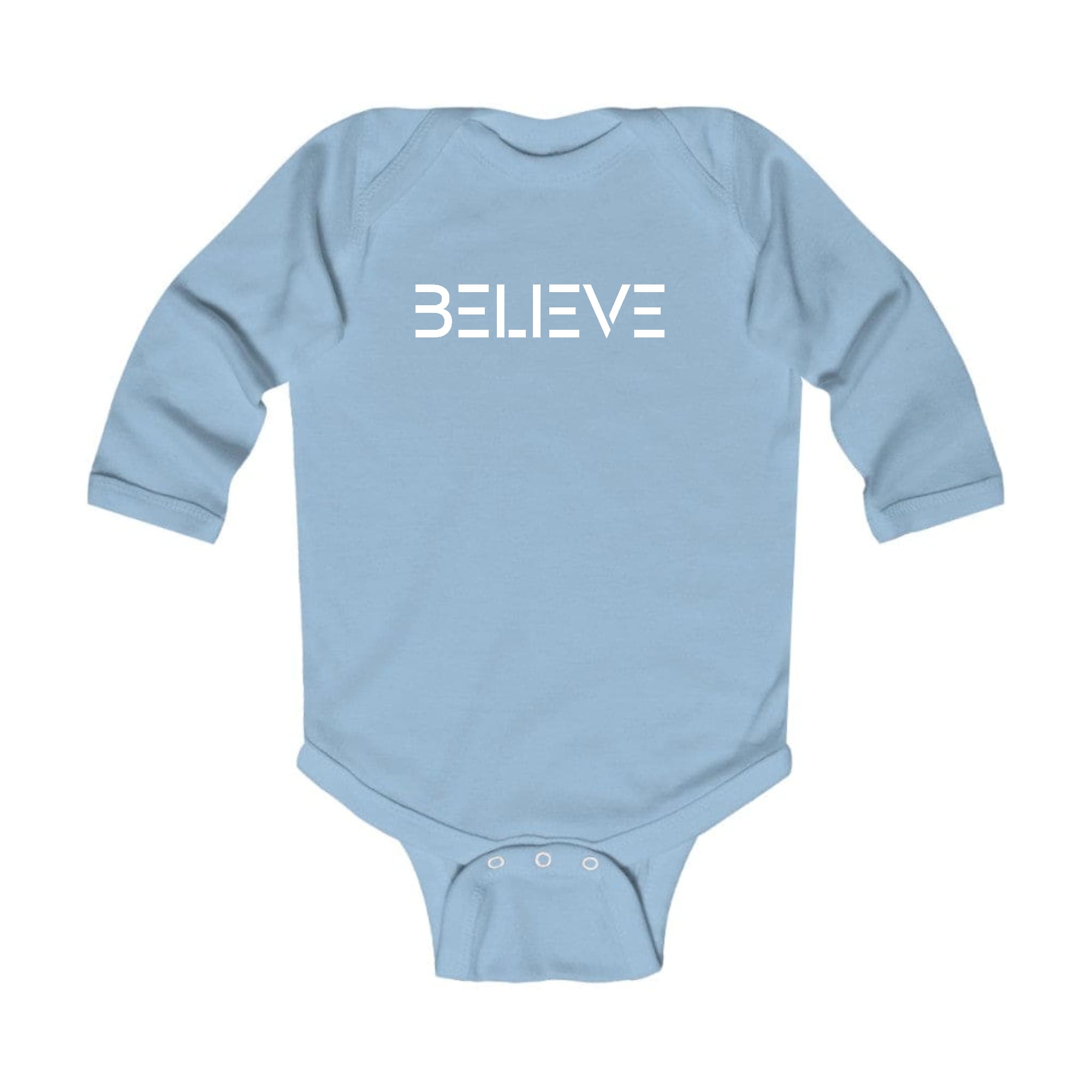 Infant Long Sleeve Graphic T-shirt in white with Believe print, featuring lap shoulders and three snap closure for easy dressing.