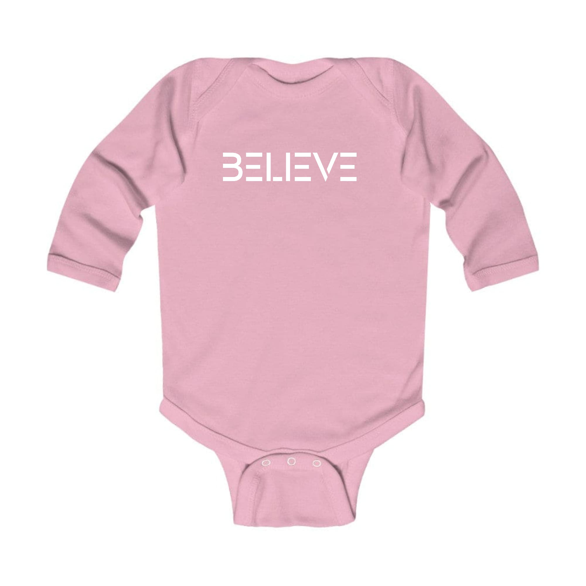 Infant Long Sleeve Graphic T-shirt in white with Believe print, featuring lap shoulders and three snap closure for easy dressing.