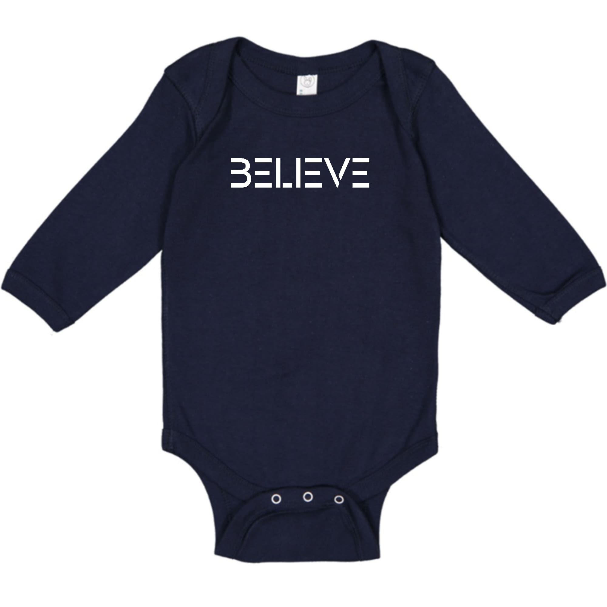 Infant Long Sleeve Graphic T-shirt in white with Believe print, featuring lap shoulders and three snap closure for easy dressing.