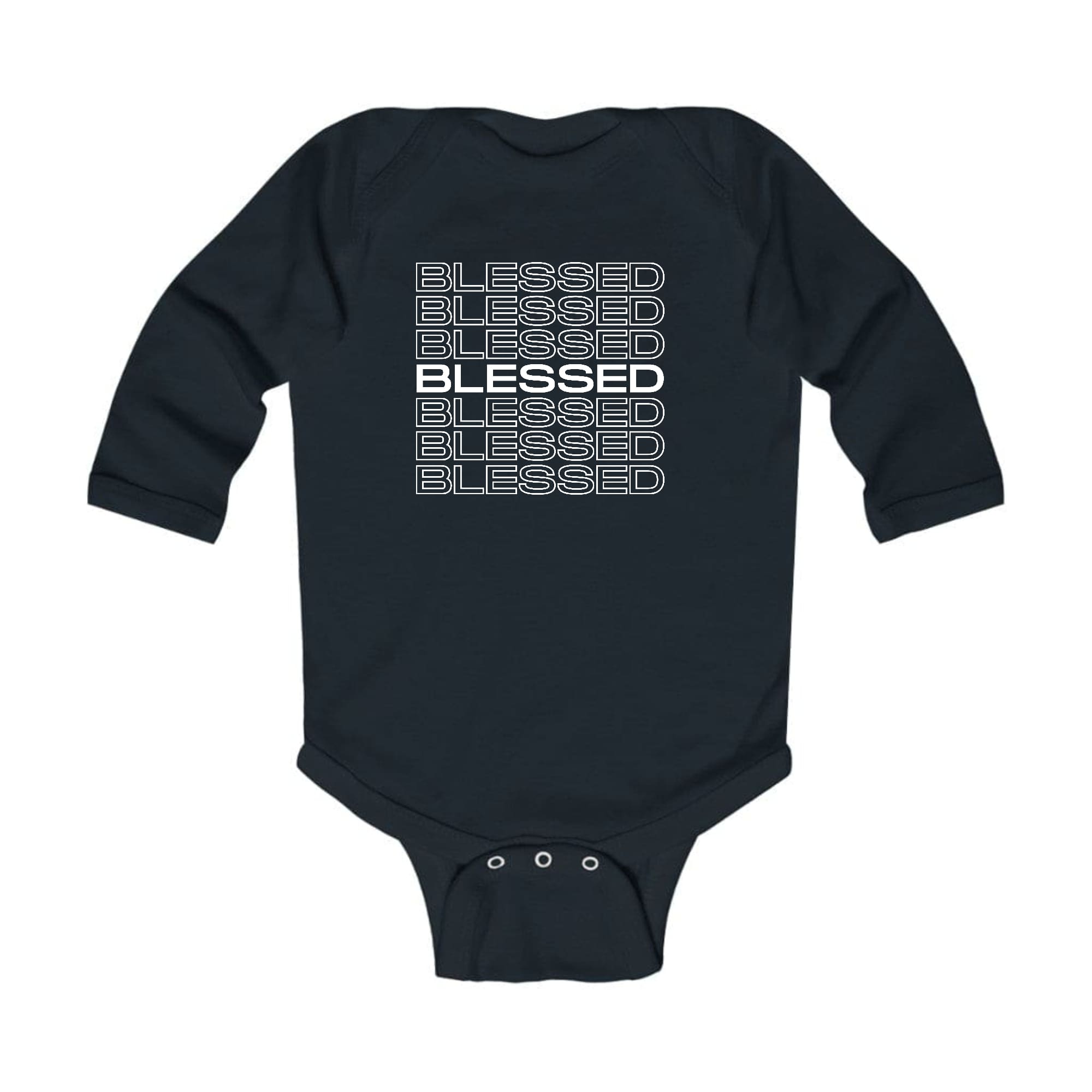 Infant Long Sleeve Graphic T-shirt in soft cotton featuring a Blessed Stacked Print, perfect for babies.