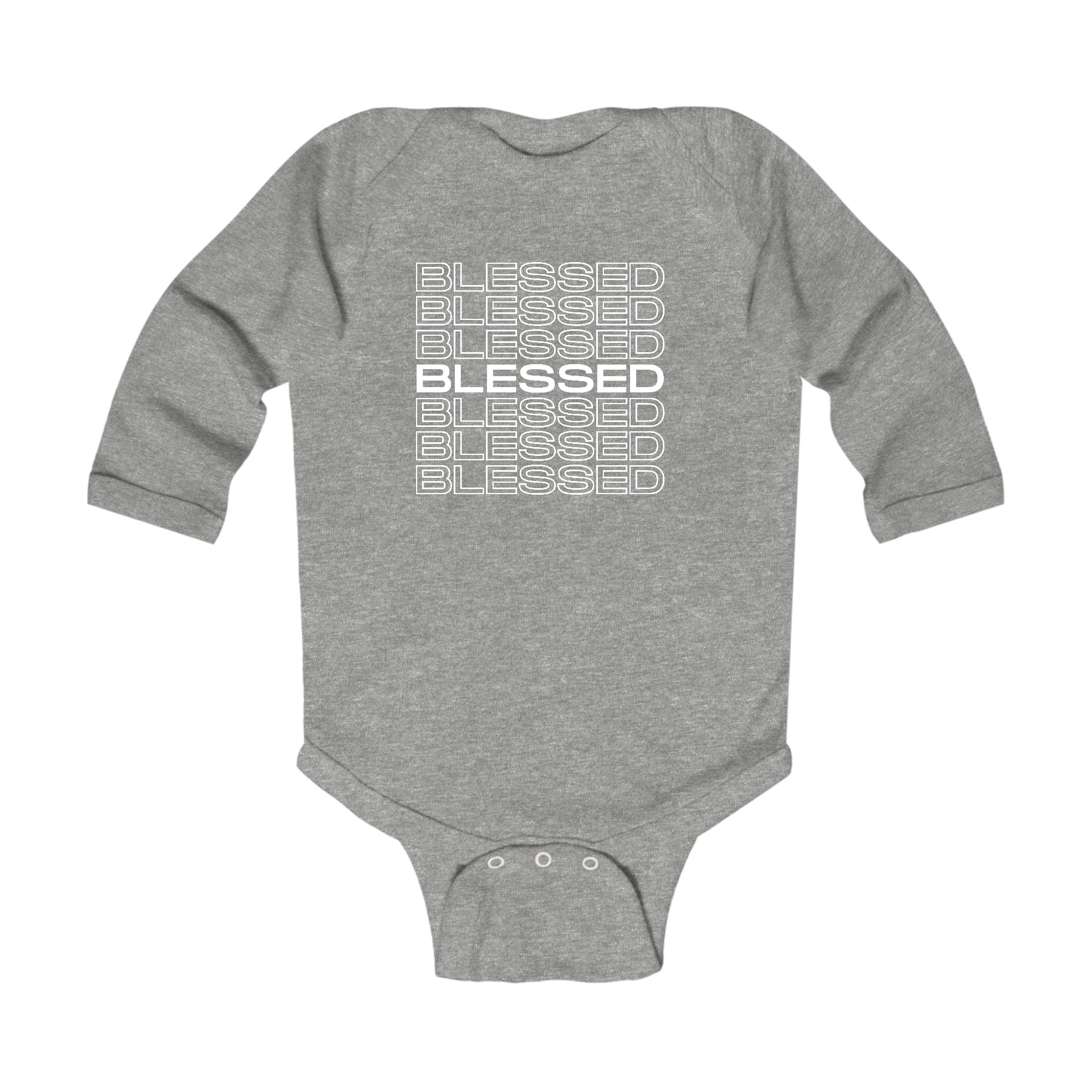 Infant Long Sleeve Graphic T-shirt in soft cotton featuring a Blessed Stacked Print, perfect for babies.