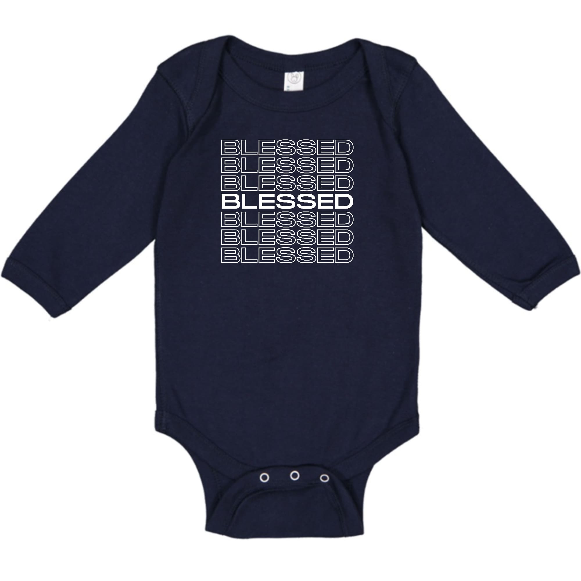 Infant Long Sleeve Graphic T-shirt in soft cotton featuring a Blessed Stacked Print, perfect for babies.