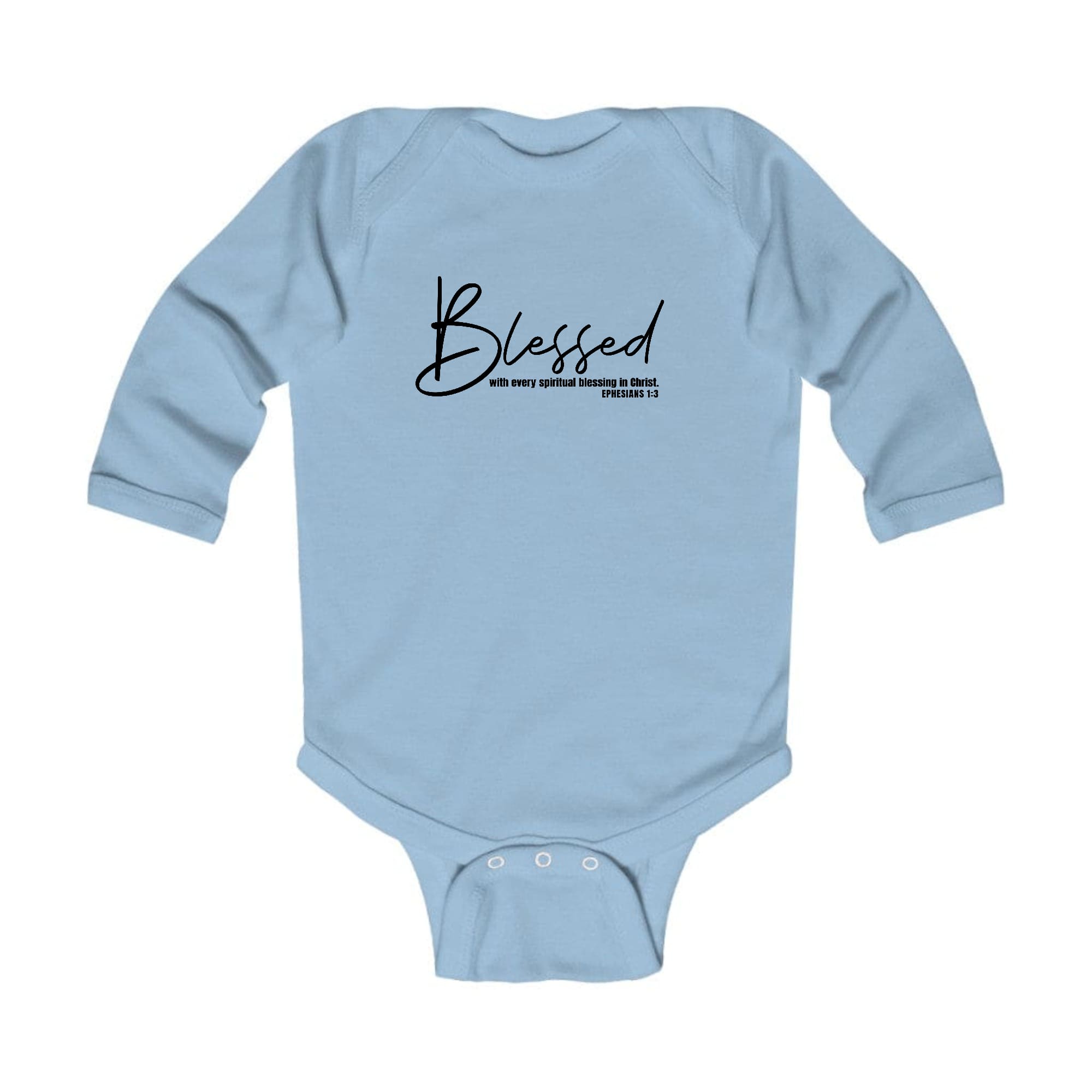 Infant Long Sleeve Graphic T-shirt in black with 'Blessed with Every Spiritual' print, featuring lap shoulders and soft cotton fabric.