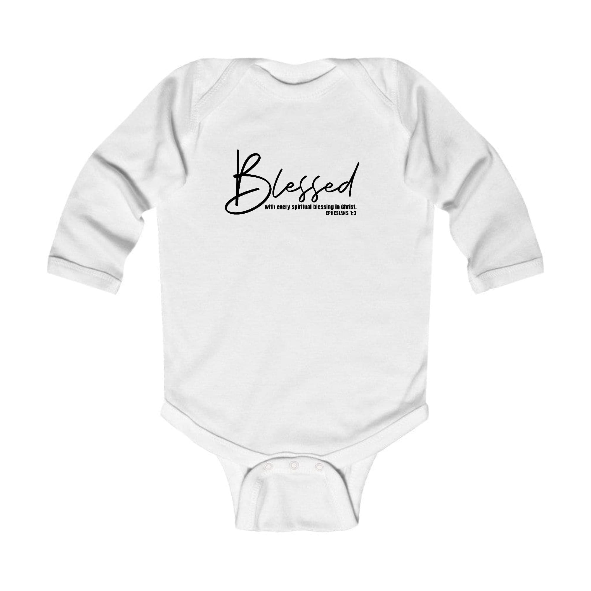 Infant Long Sleeve Graphic T-shirt in black with 'Blessed with Every Spiritual' print, featuring lap shoulders and soft cotton fabric.