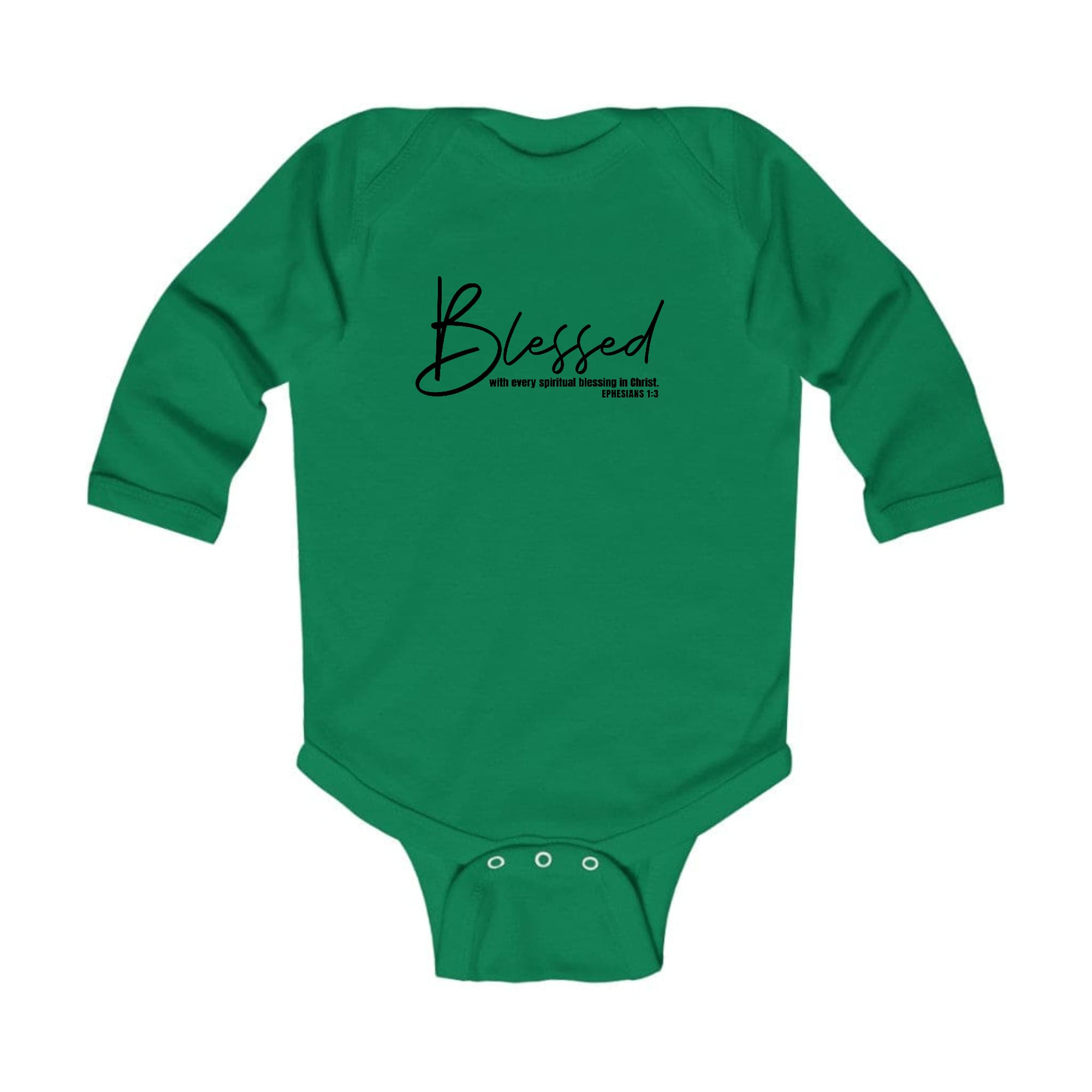 Infant Long Sleeve Graphic T-shirt in black with 'Blessed with Every Spiritual' print, featuring lap shoulders and soft cotton fabric.