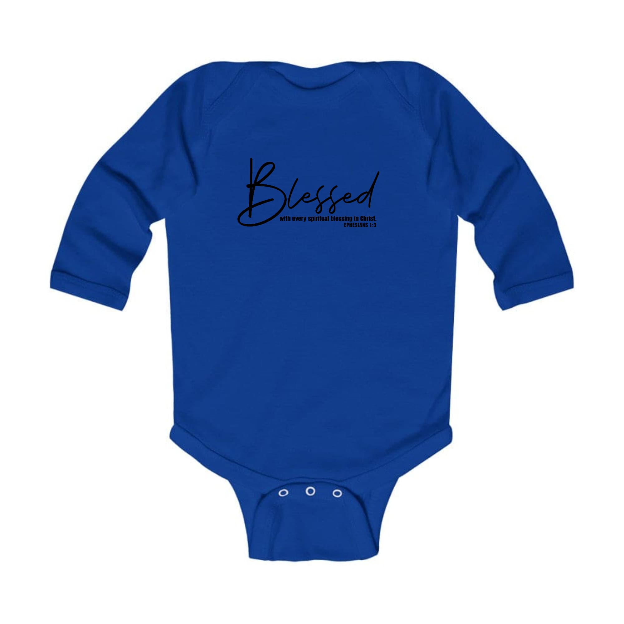 Infant Long Sleeve Graphic T-shirt in black with 'Blessed with Every Spiritual' print, featuring lap shoulders and soft cotton fabric.