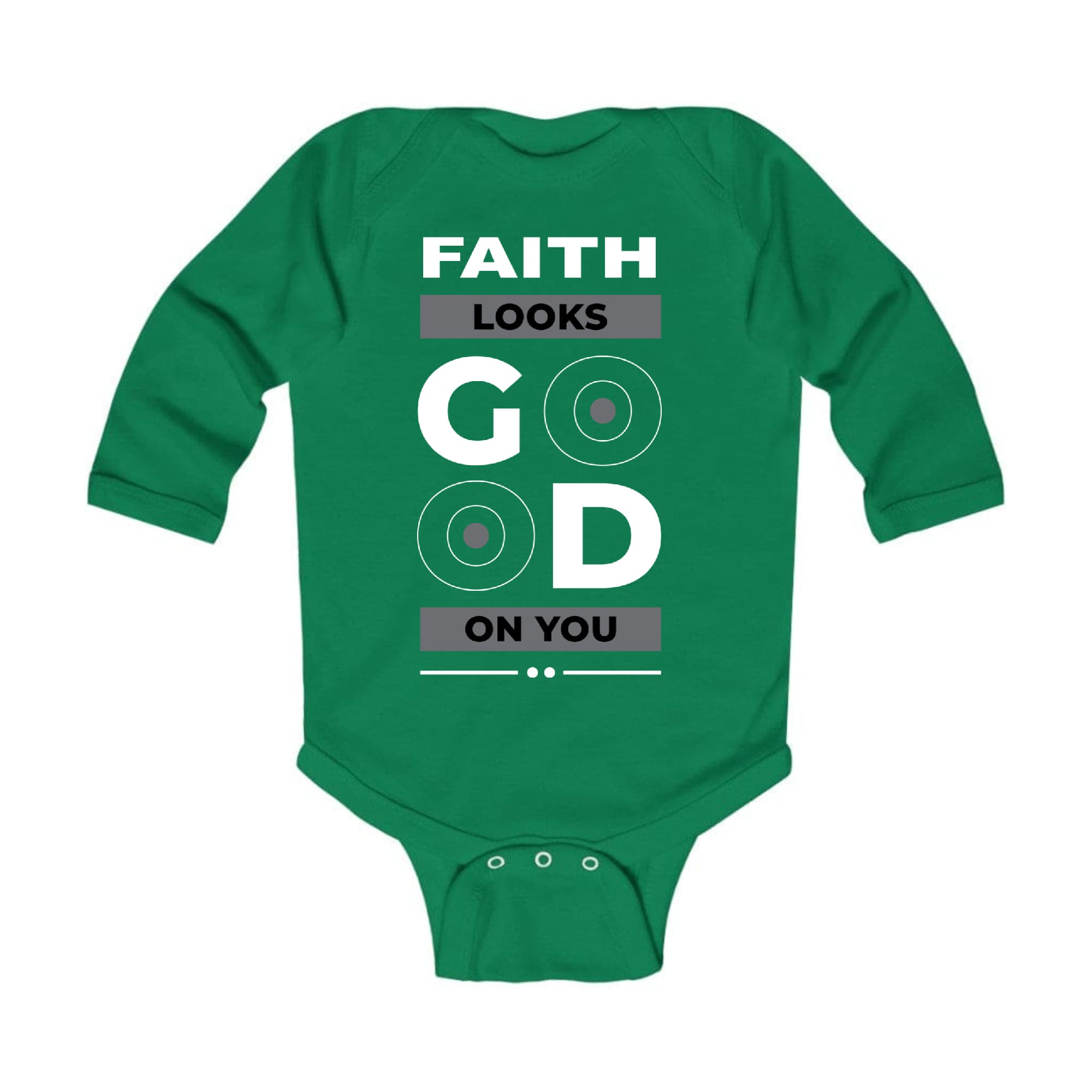 Infant Long Sleeve Graphic T-shirt featuring the phrase 'Faith Looks Good', designed for comfort and style.