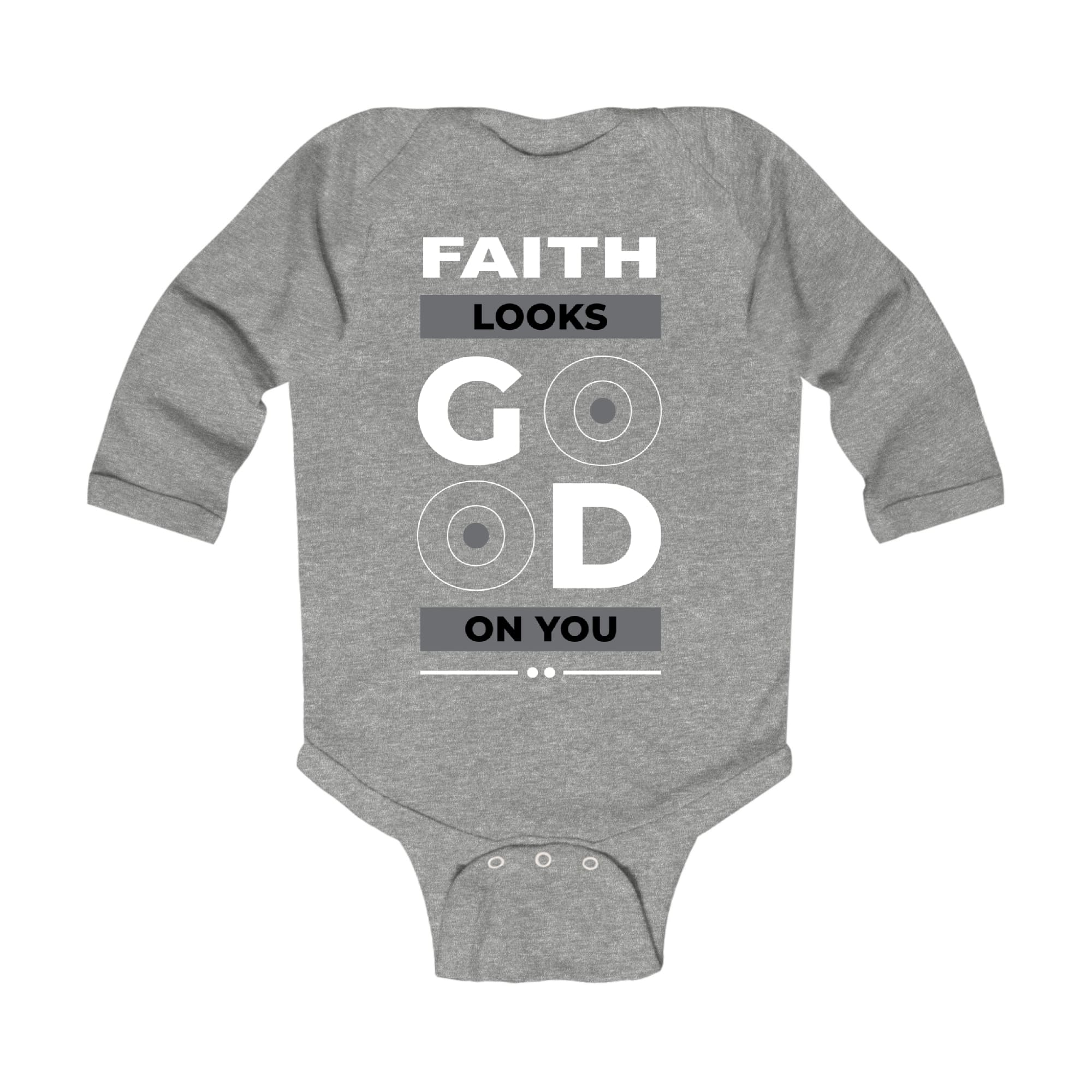 Infant Long Sleeve Graphic T-shirt featuring the phrase 'Faith Looks Good', designed for comfort and style.