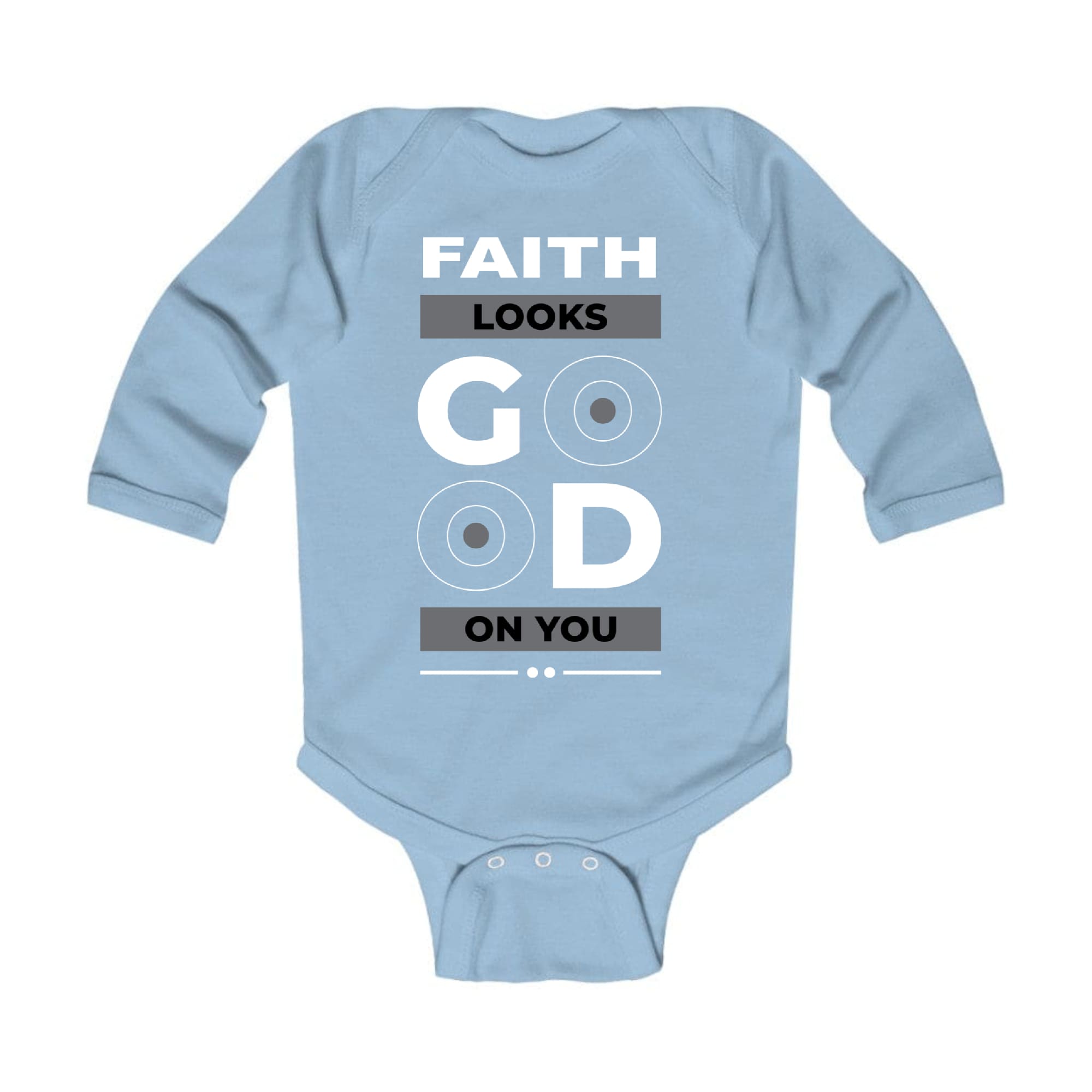 Infant Long Sleeve Graphic T-shirt featuring the phrase 'Faith Looks Good', designed for comfort and style.