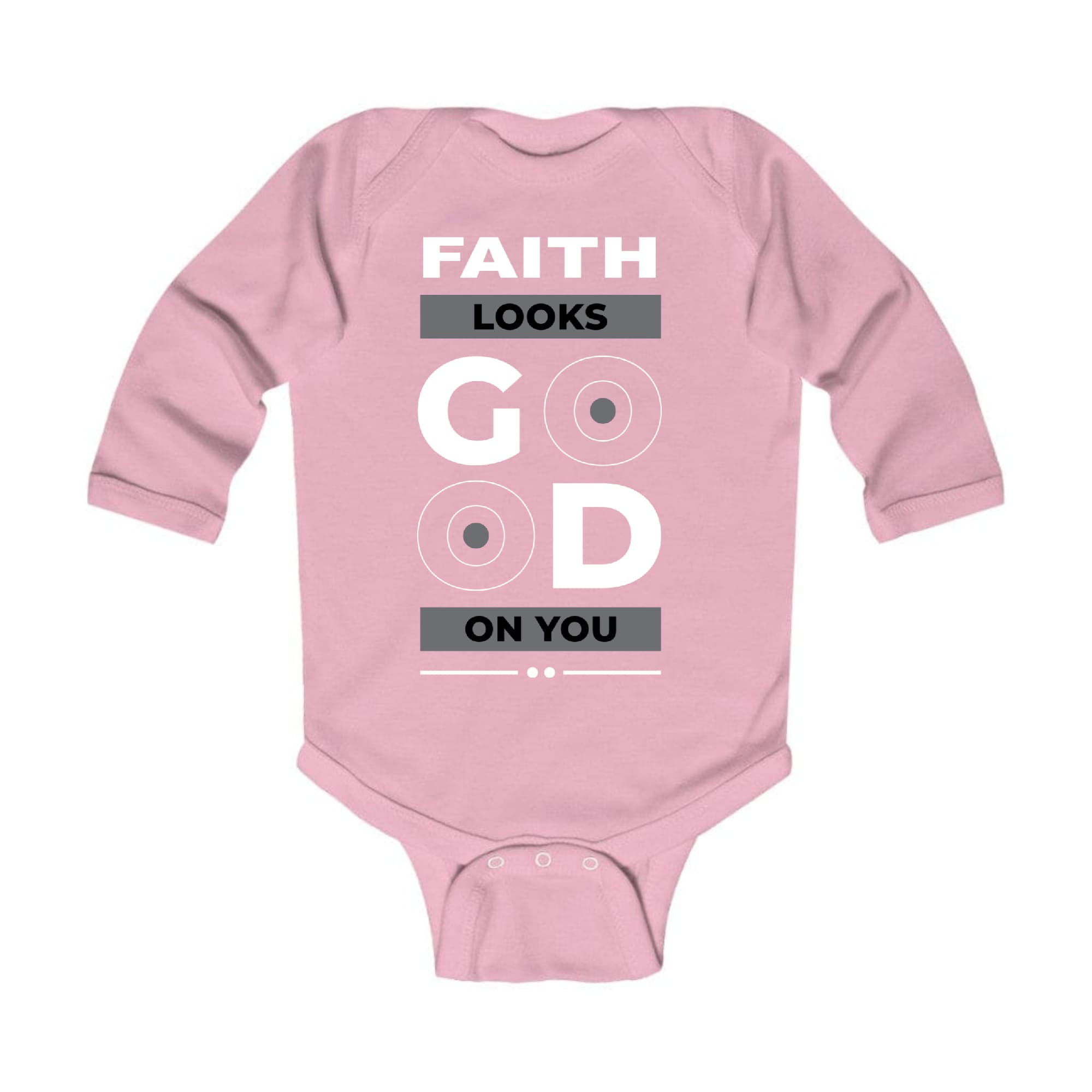 Infant Long Sleeve Graphic T-shirt featuring the phrase 'Faith Looks Good', designed for comfort and style.