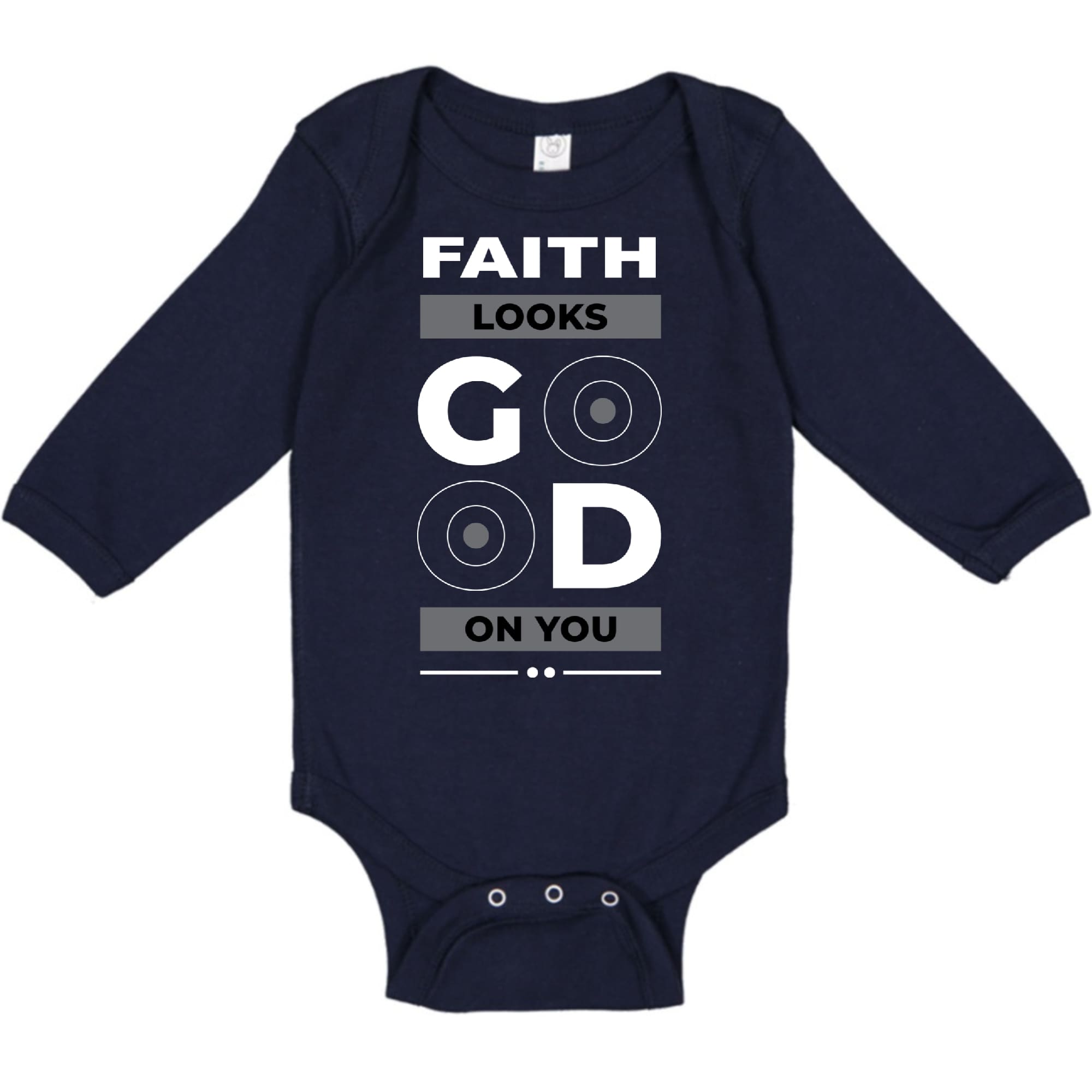 Infant Long Sleeve Graphic T-shirt featuring the phrase 'Faith Looks Good', designed for comfort and style.