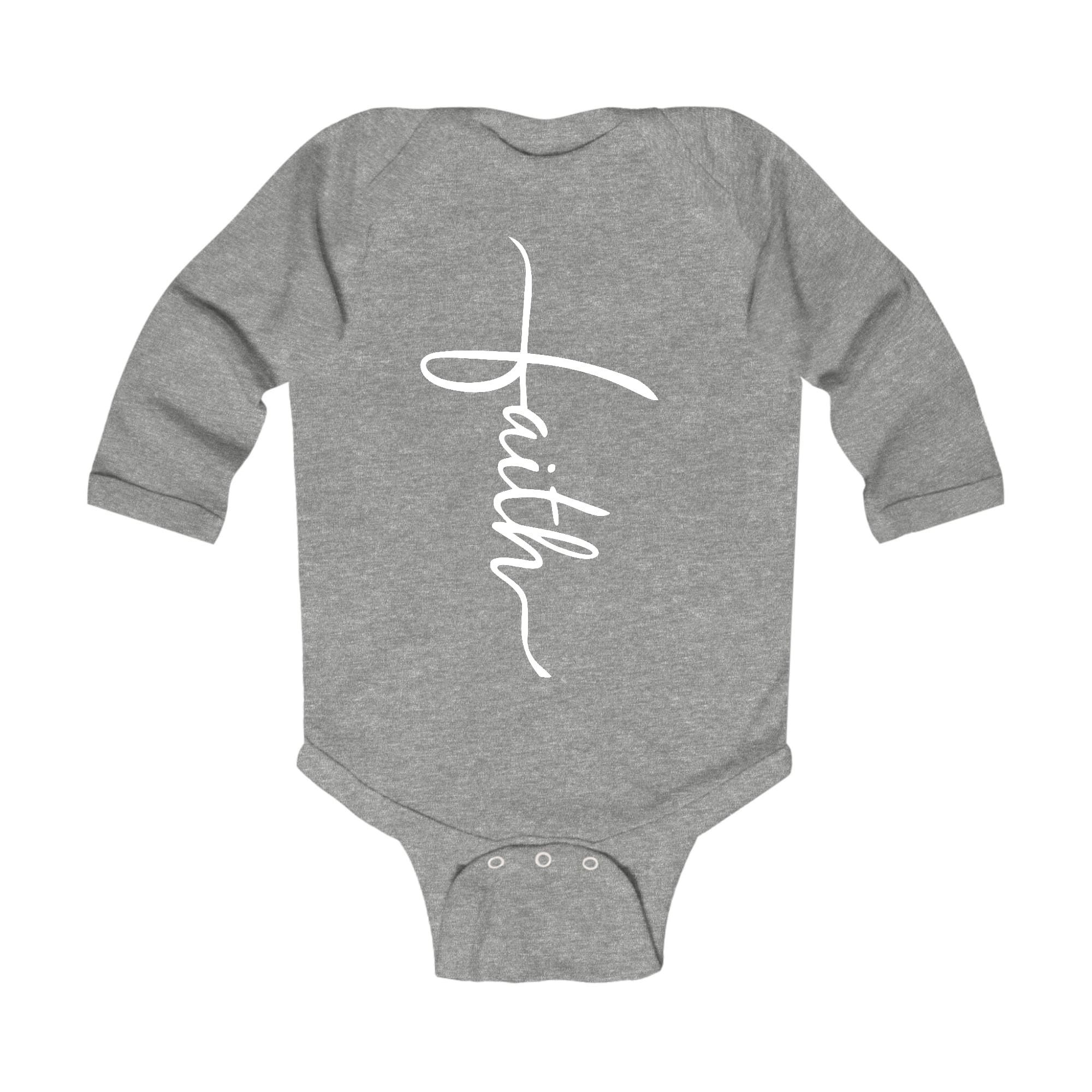 Infant Long Sleeve Graphic T-shirt featuring a Faith Script Cross illustration, designed for comfort and style.