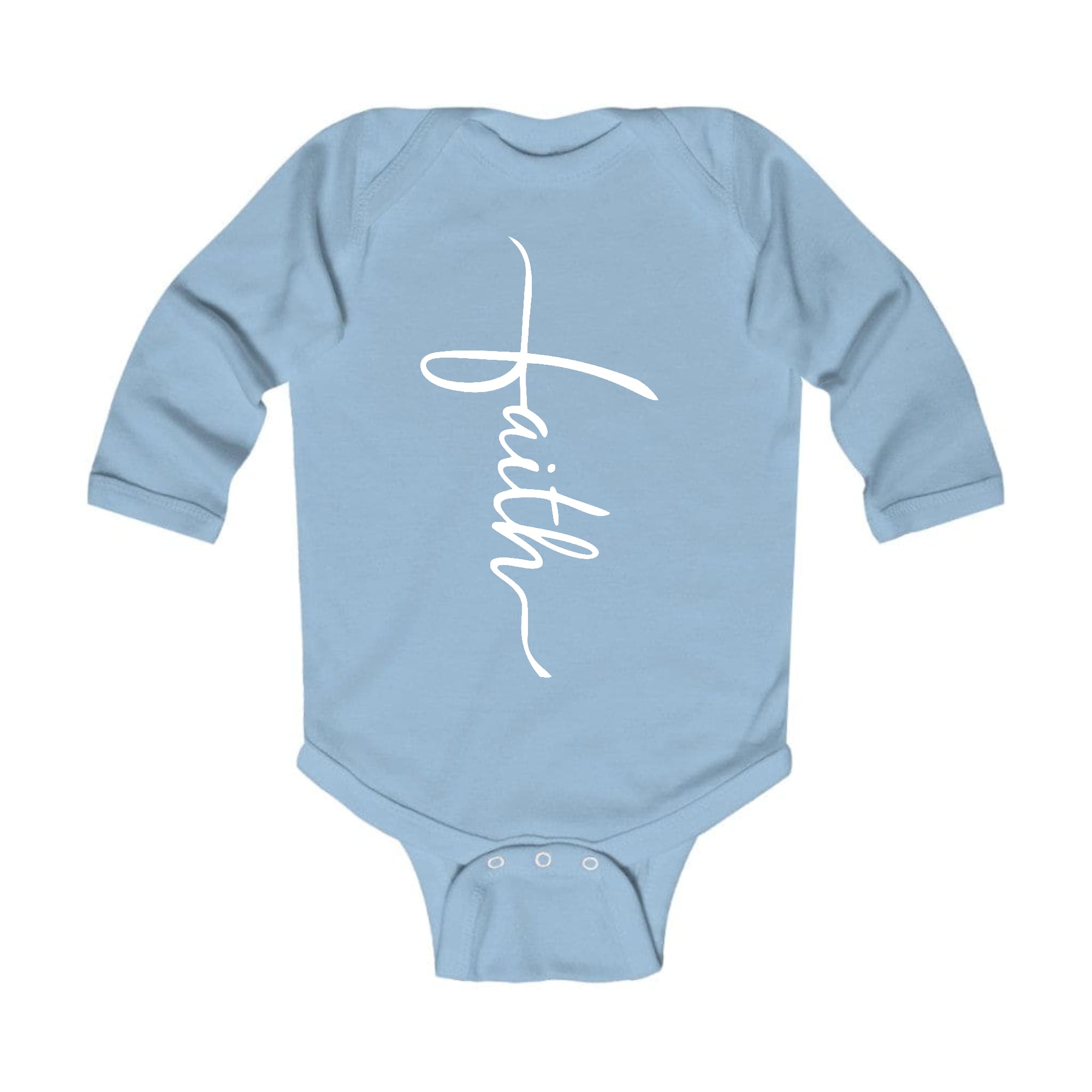 Infant Long Sleeve Graphic T-shirt featuring a Faith Script Cross illustration, designed for comfort and style.