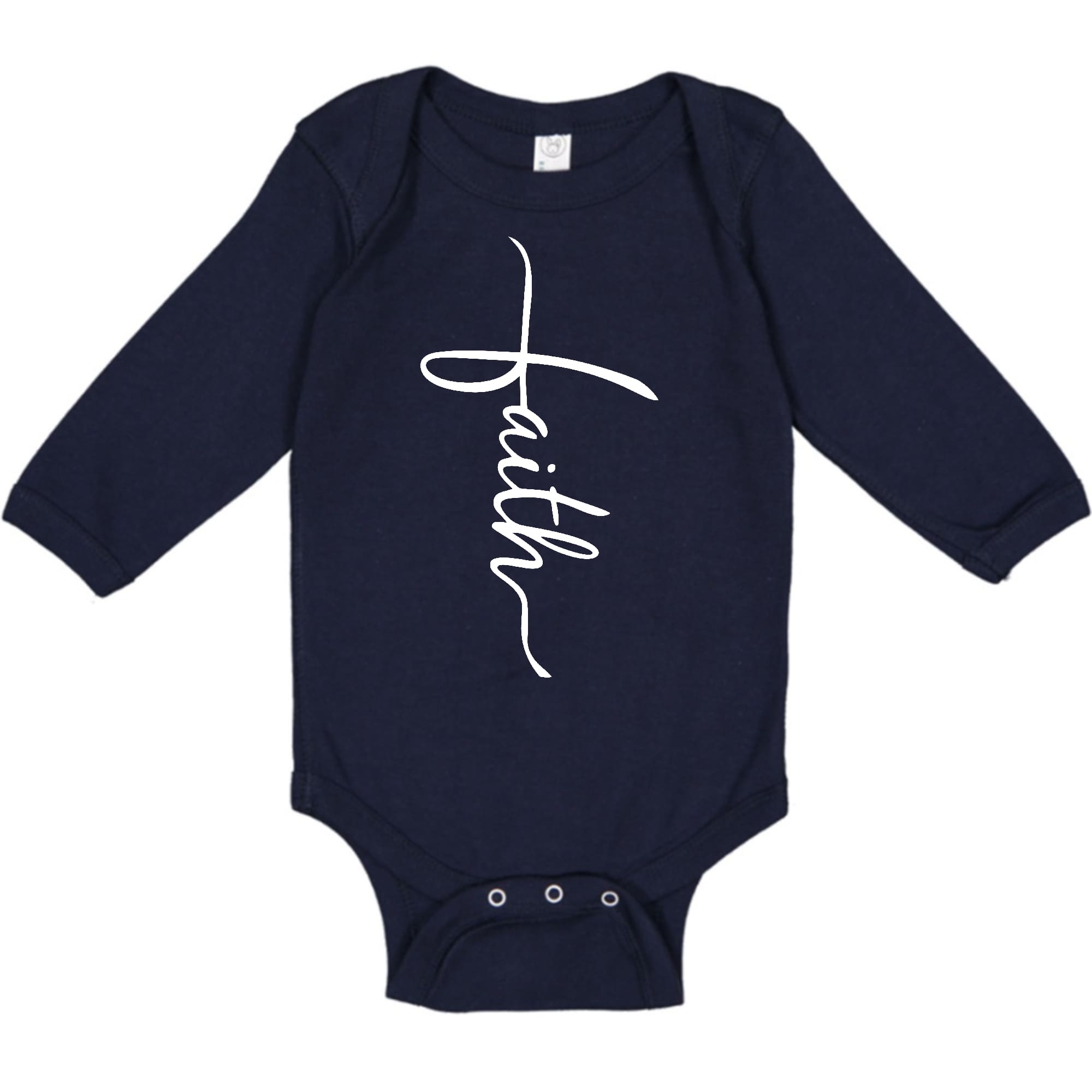 Infant Long Sleeve Graphic T-shirt featuring a Faith Script Cross illustration, designed for comfort and style.