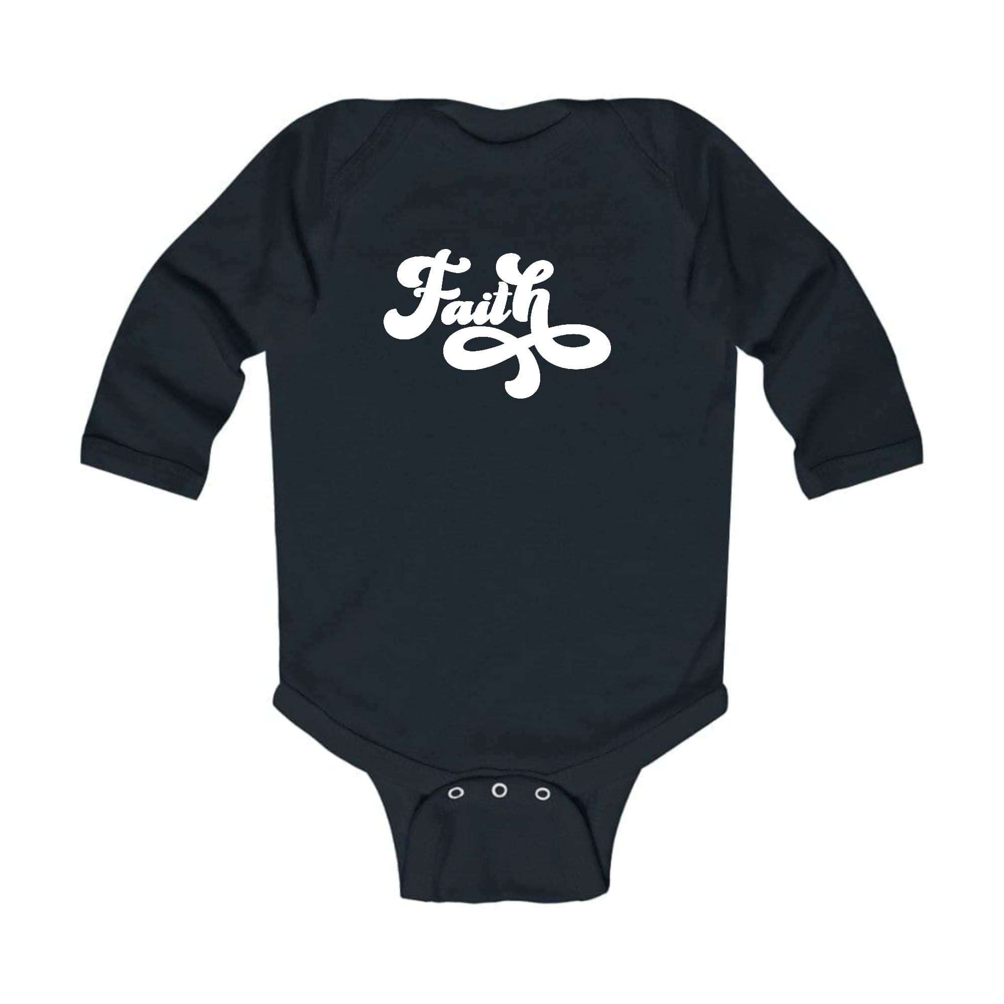 Infant Long Sleeve Graphic T-shirt featuring a stylish Faith Script Illustration, perfect for comfort and play.