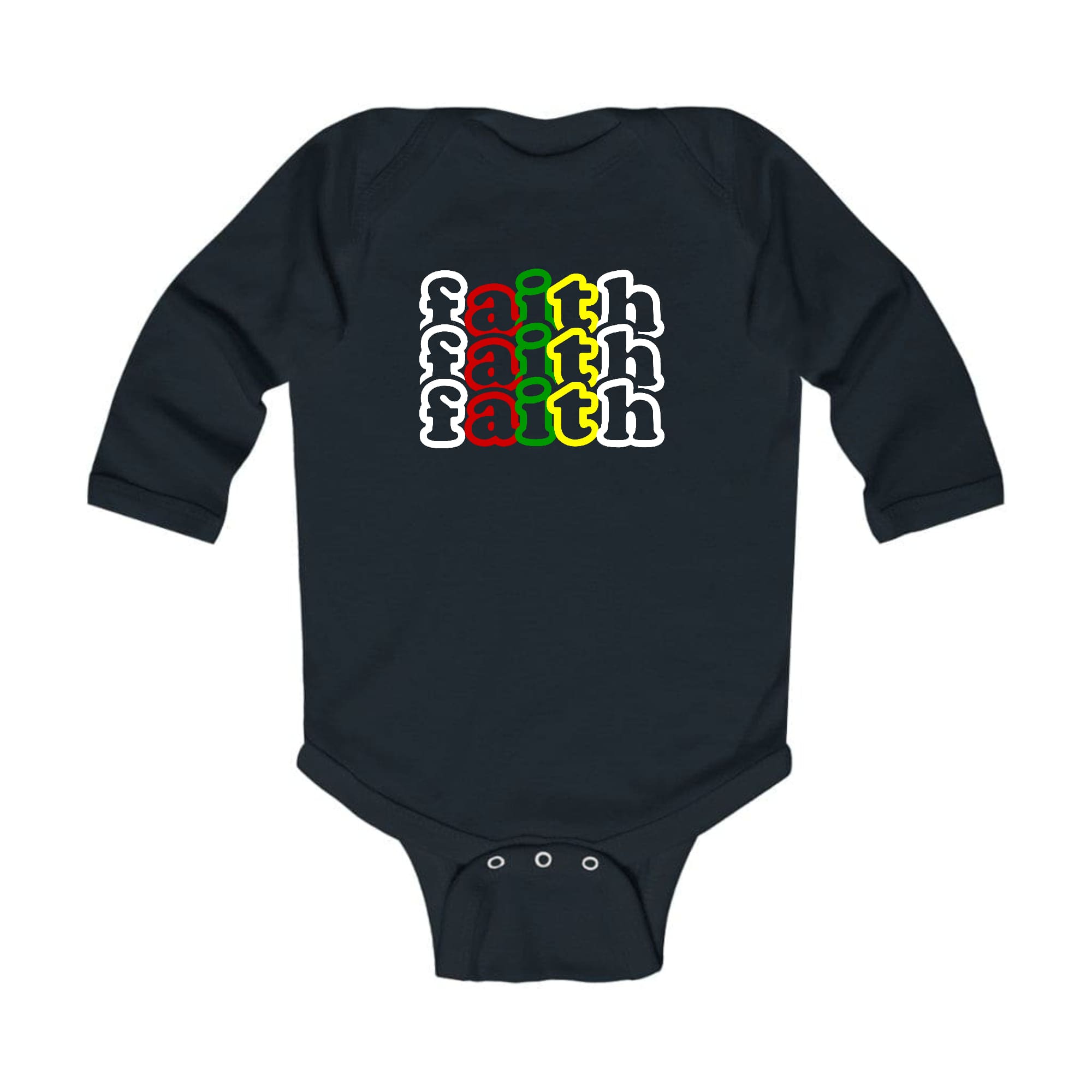 Infant Long Sleeve Graphic T-shirt in multicolor with Faith Stack design, featuring lap shoulders and soft cotton fabric.