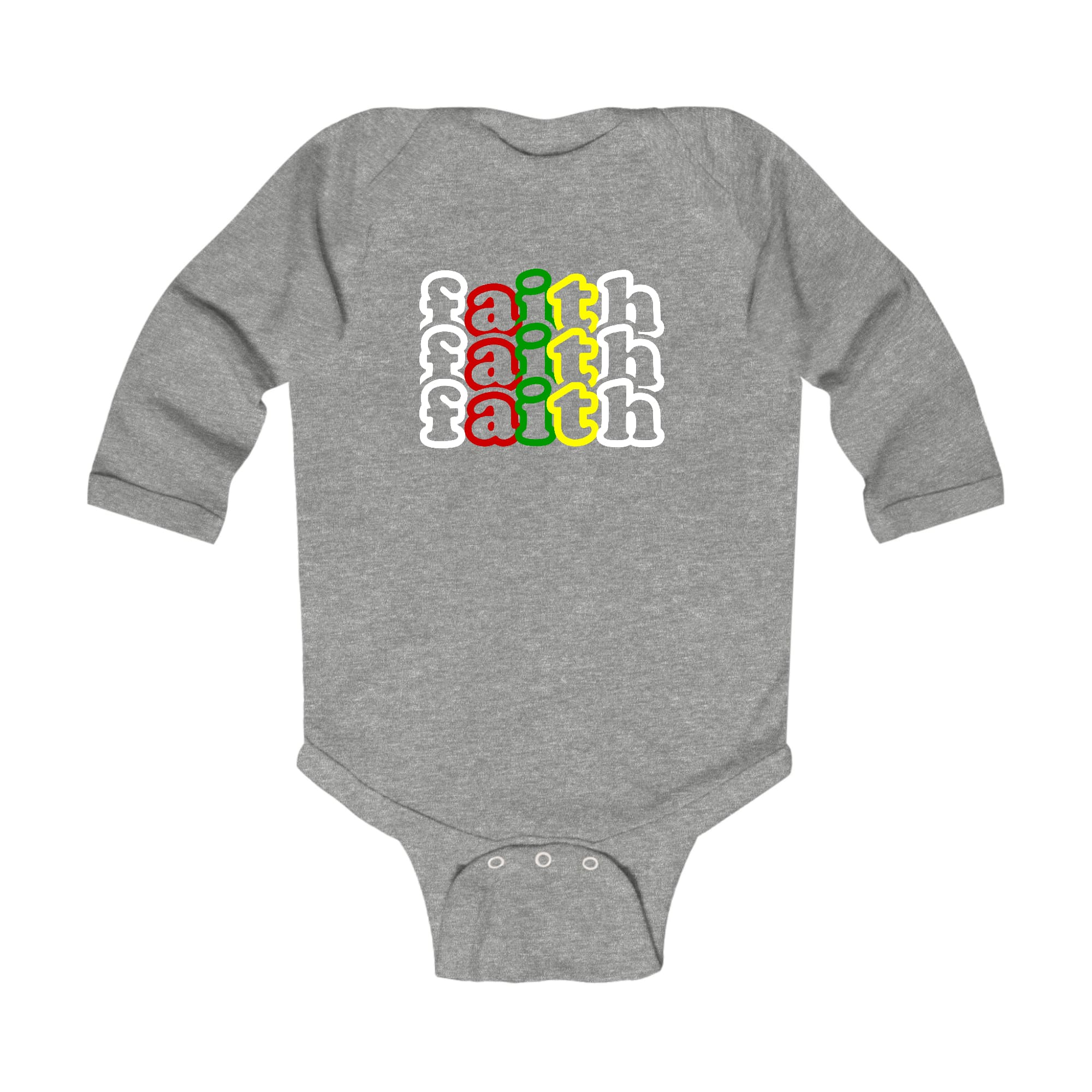 Infant Long Sleeve Graphic T-shirt in multicolor with Faith Stack design, featuring lap shoulders and soft cotton fabric.