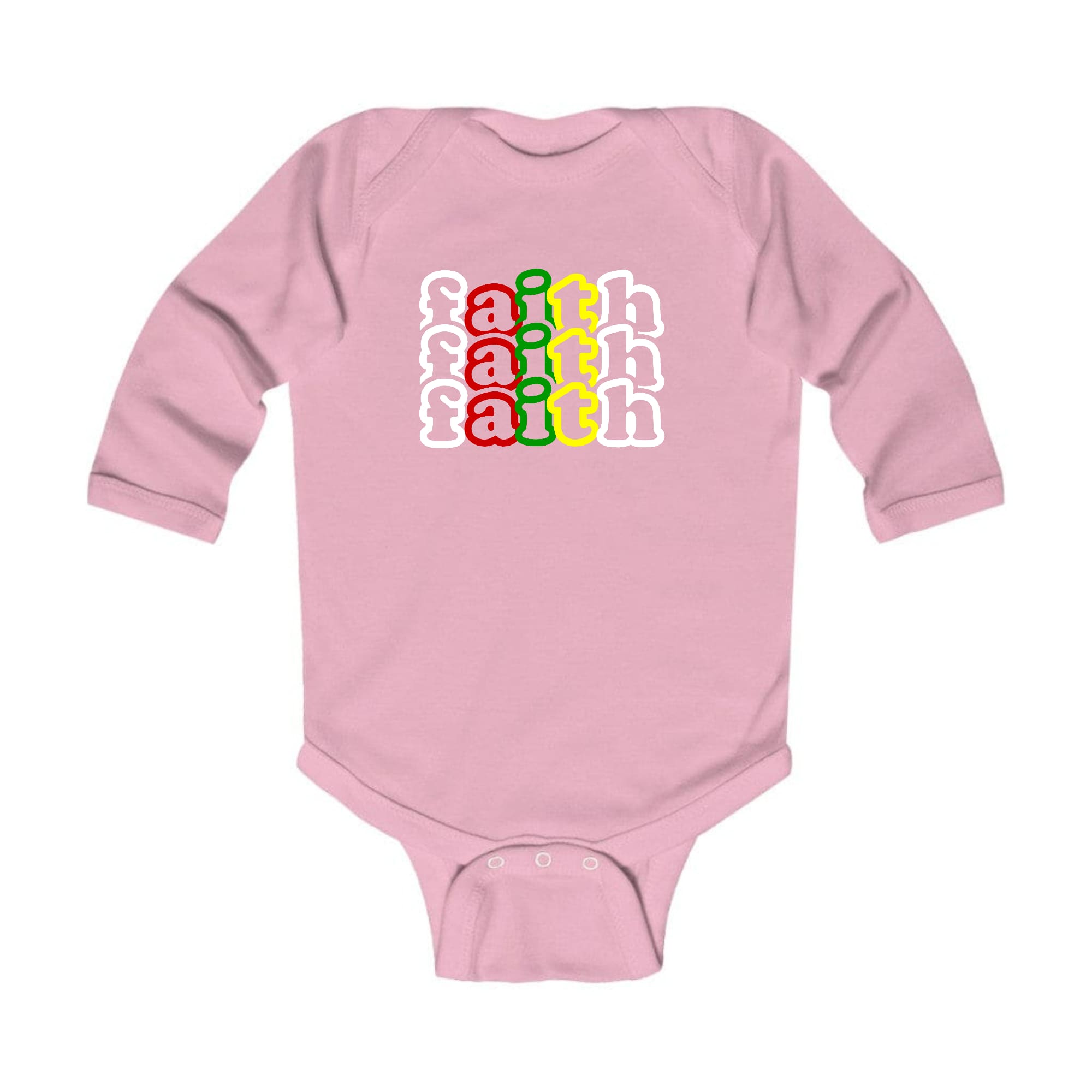 Infant Long Sleeve Graphic T-shirt in multicolor with Faith Stack design, featuring lap shoulders and soft cotton fabric.