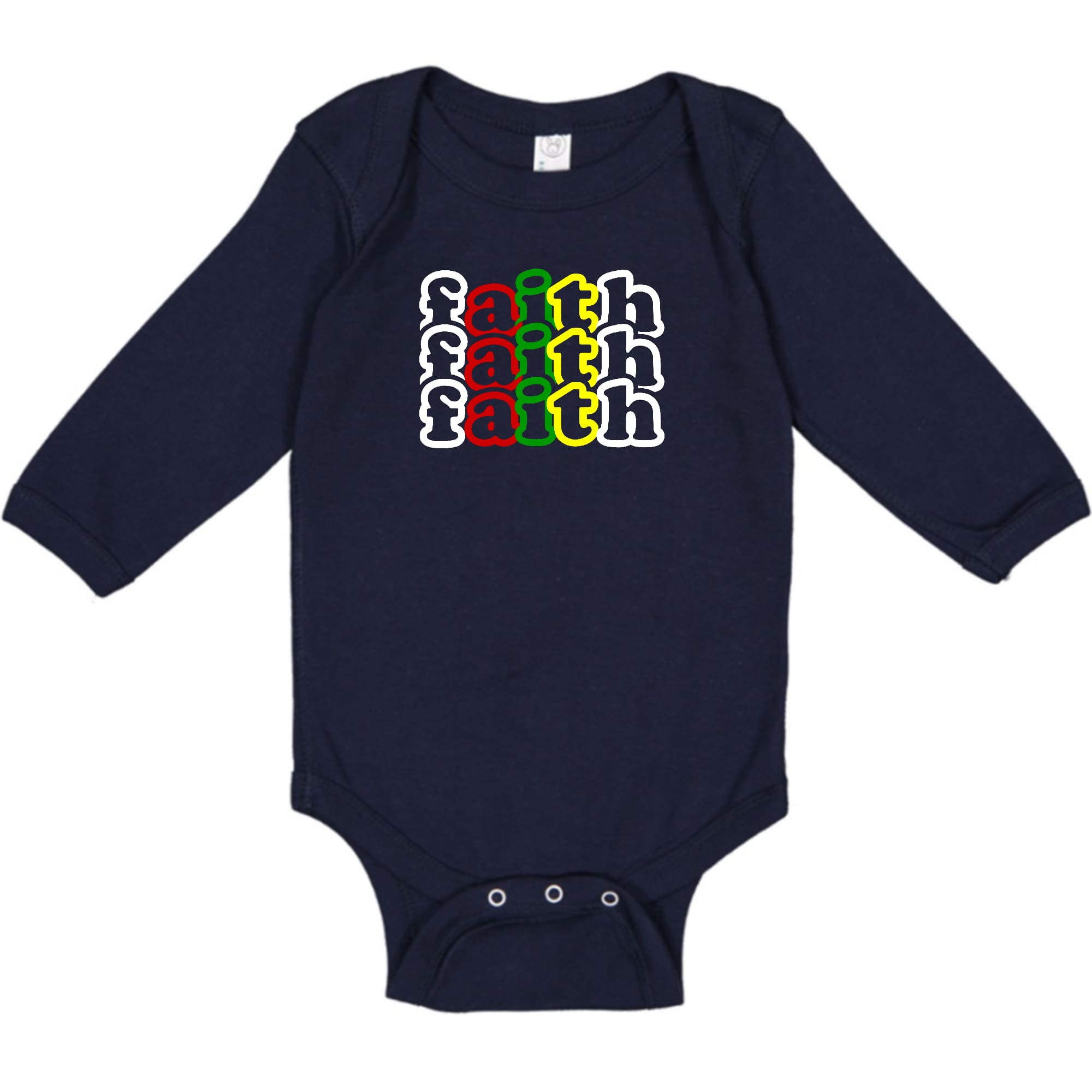 Infant Long Sleeve Graphic T-shirt in multicolor with Faith Stack design, featuring lap shoulders and soft cotton fabric.