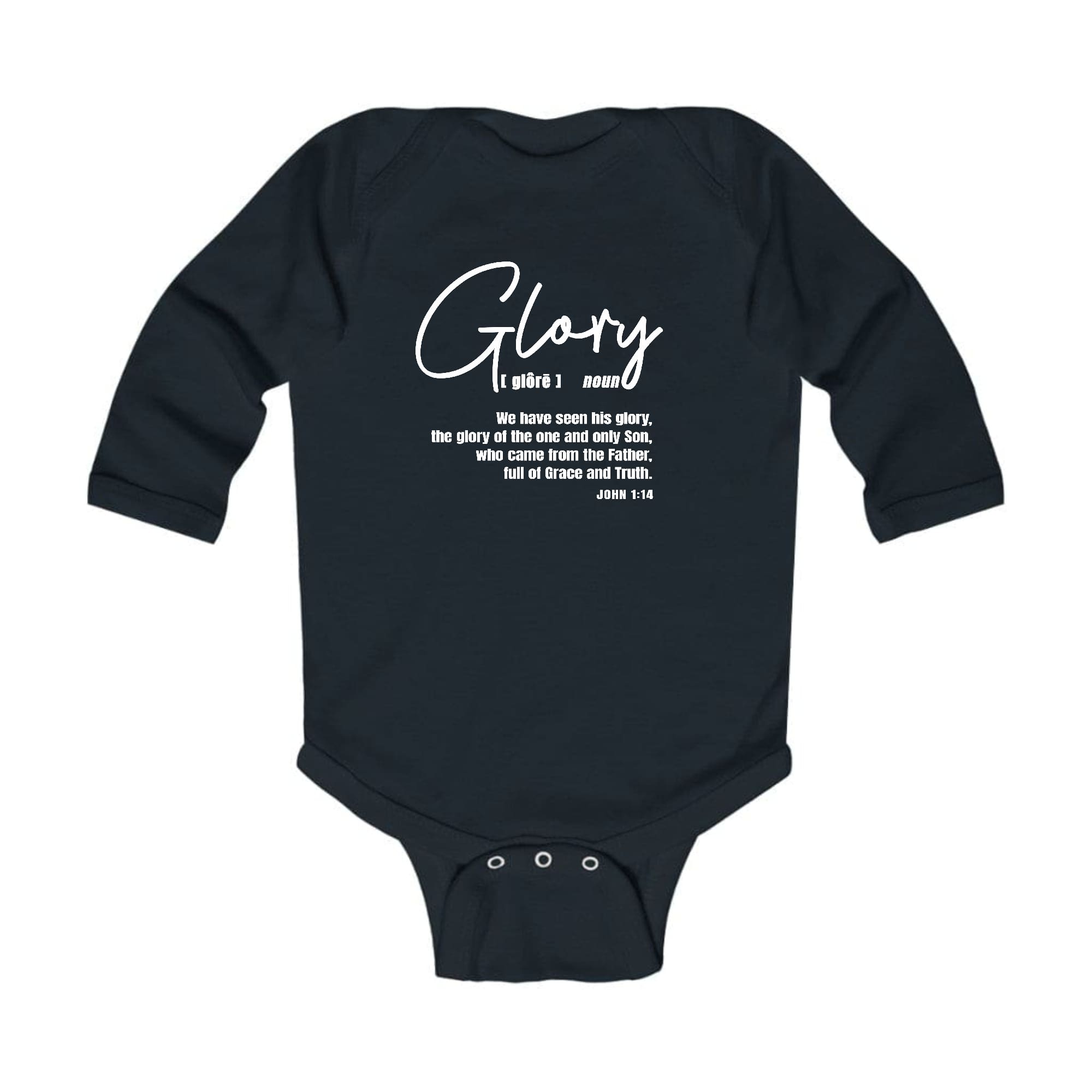 Infant Long Sleeve Graphic T-shirt featuring the Glory Christian Inspiration design, made from soft cotton with lap shoulders.