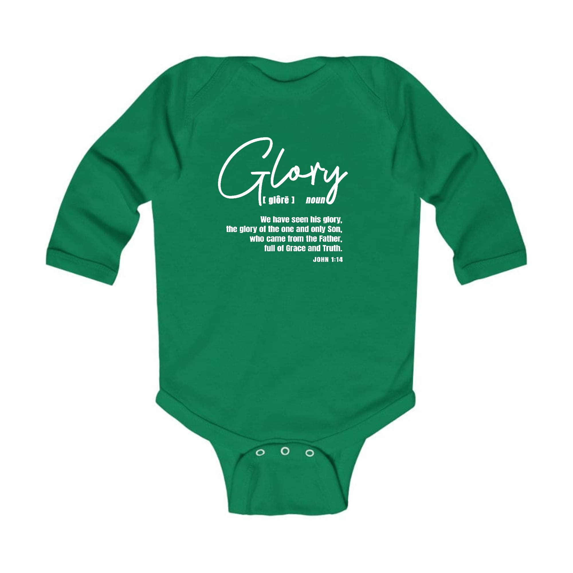 Infant Long Sleeve Graphic T-shirt featuring the Glory Christian Inspiration design, made from soft cotton with lap shoulders.