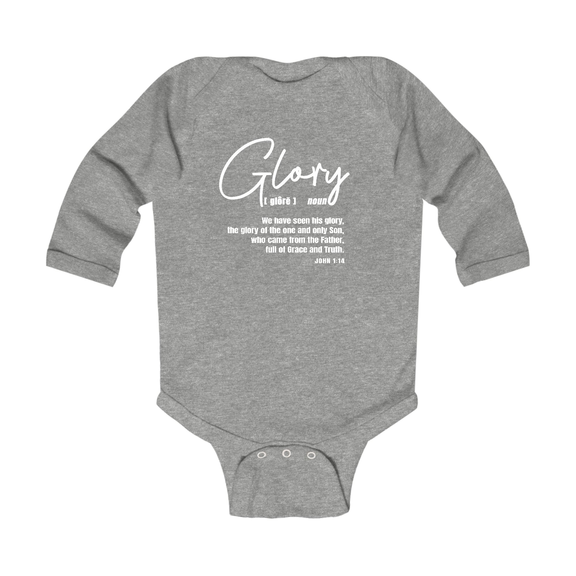 Infant Long Sleeve Graphic T-shirt featuring the Glory Christian Inspiration design, made from soft cotton with lap shoulders.