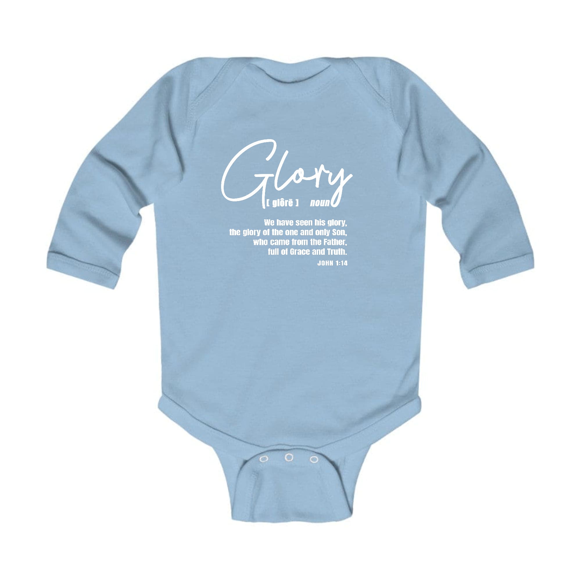 Infant Long Sleeve Graphic T-shirt featuring the Glory Christian Inspiration design, made from soft cotton with lap shoulders.