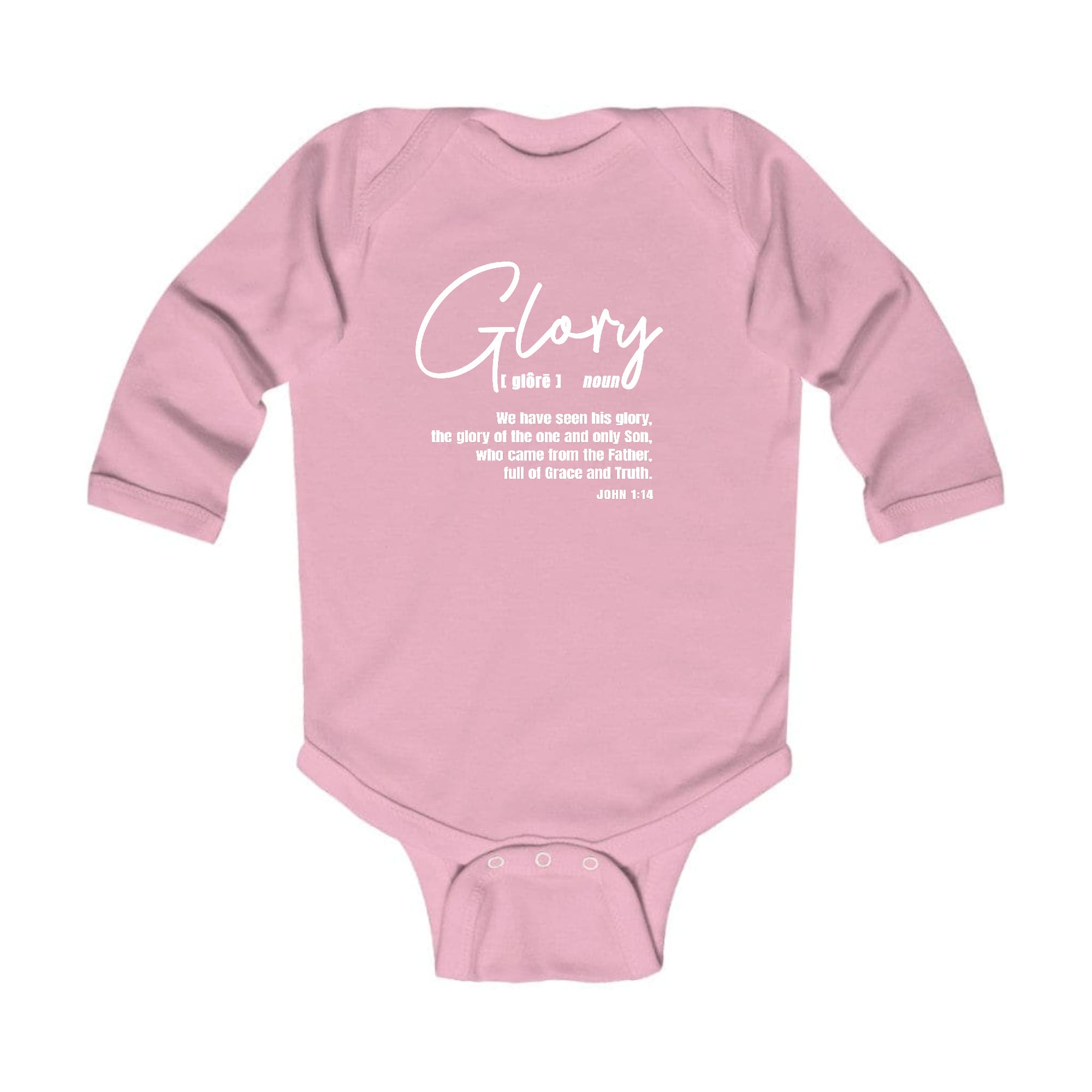 Infant Long Sleeve Graphic T-shirt featuring the Glory Christian Inspiration design, made from soft cotton with lap shoulders.