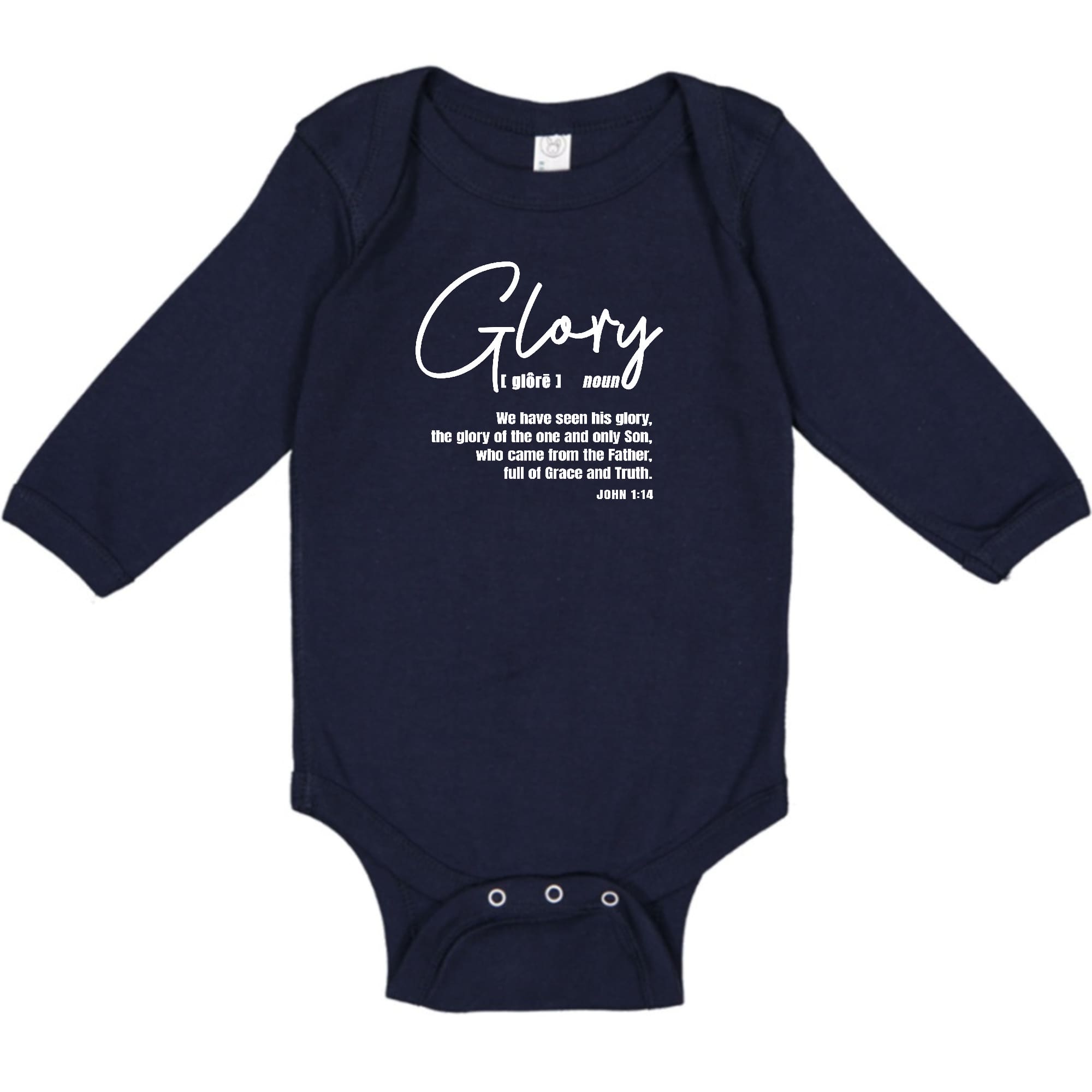 Infant Long Sleeve Graphic T-shirt featuring the Glory Christian Inspiration design, made from soft cotton with lap shoulders.