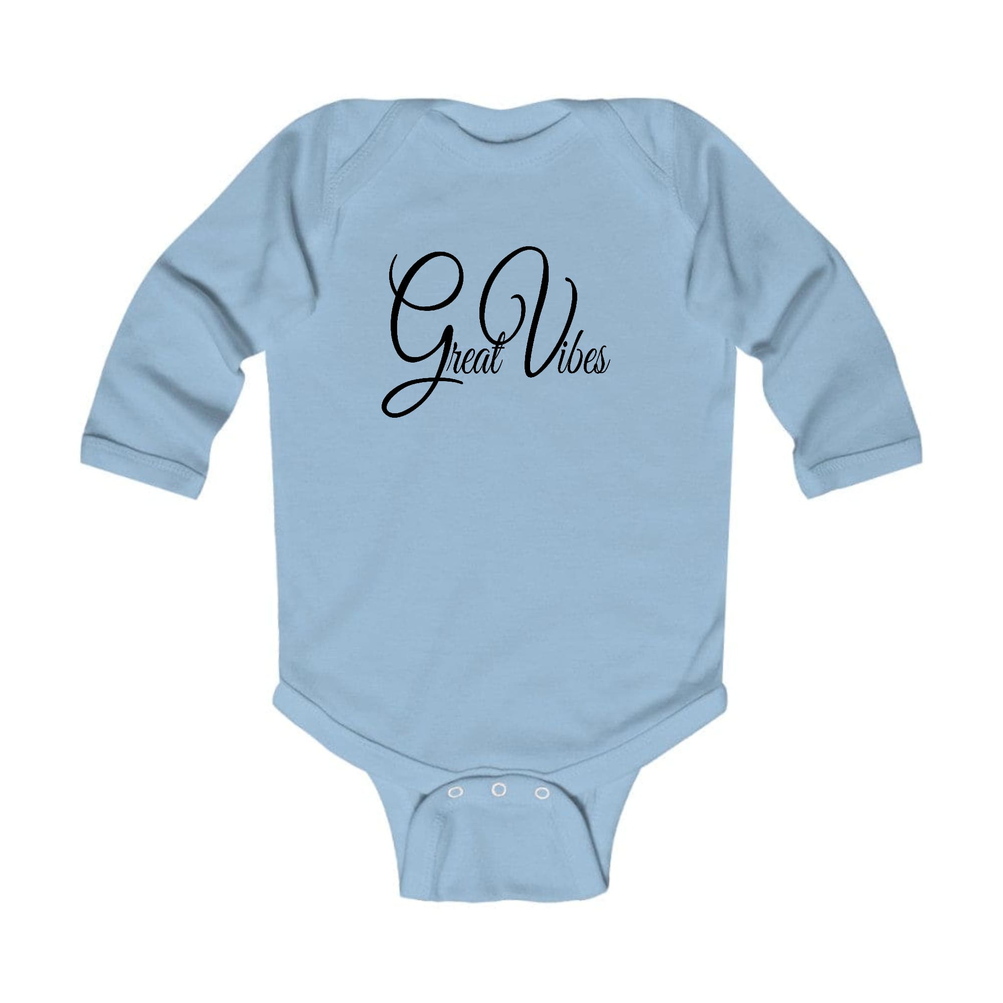 Infant Long Sleeve Graphic T-shirt in black with Great Vibes illustration, featuring lap shoulders and soft cotton fabric.