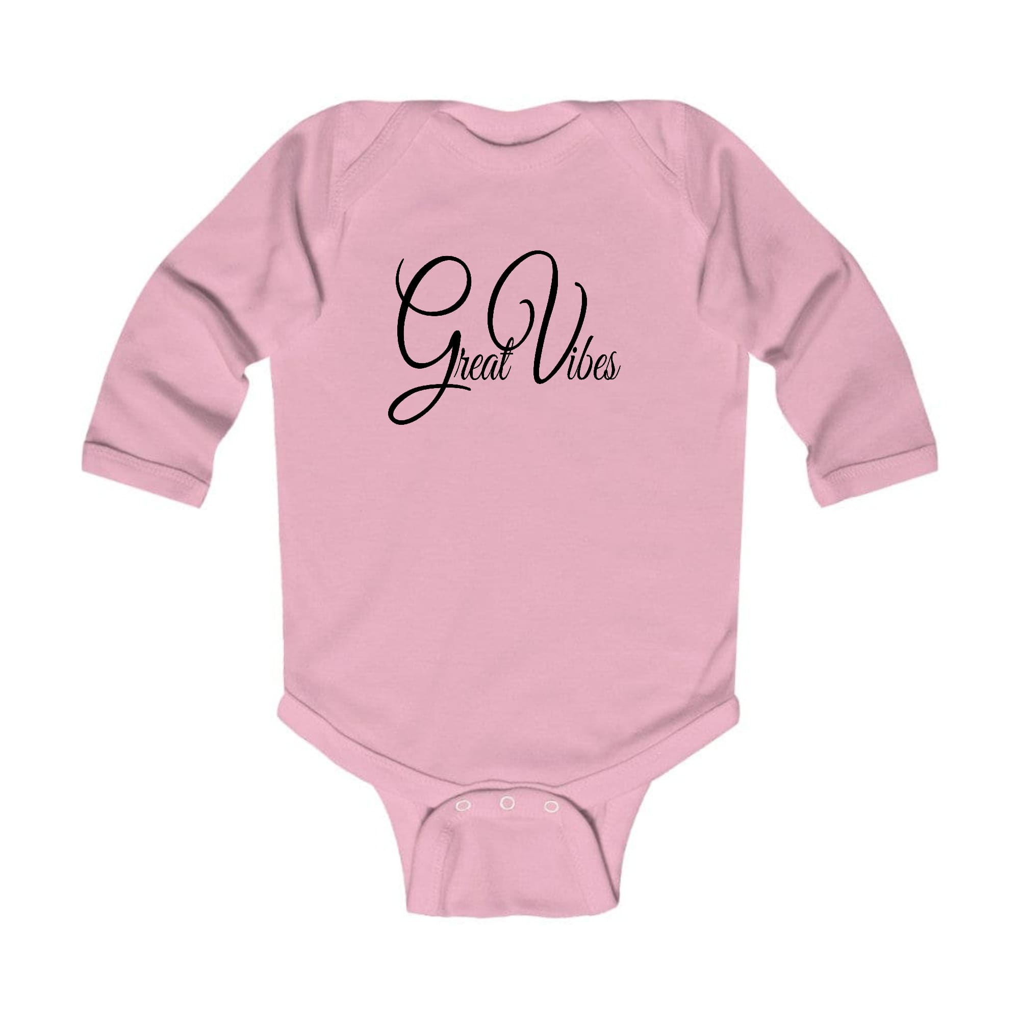 Infant Long Sleeve Graphic T-shirt in black with Great Vibes illustration, featuring lap shoulders and soft cotton fabric.