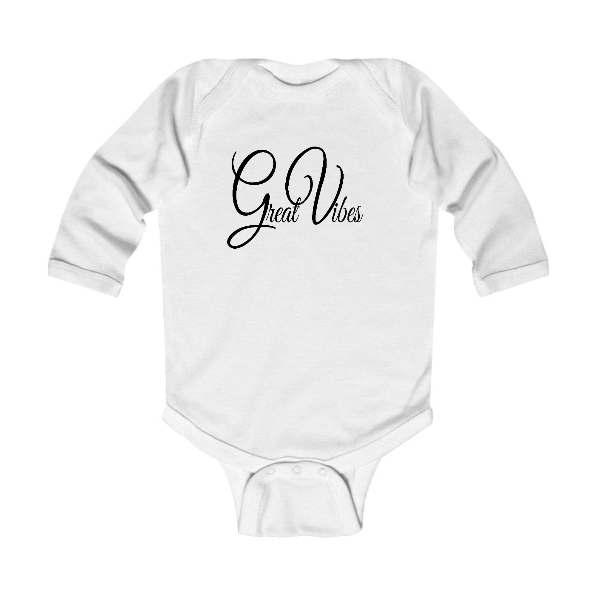 Infant Long Sleeve Graphic T-shirt in black with Great Vibes illustration, featuring lap shoulders and soft cotton fabric.