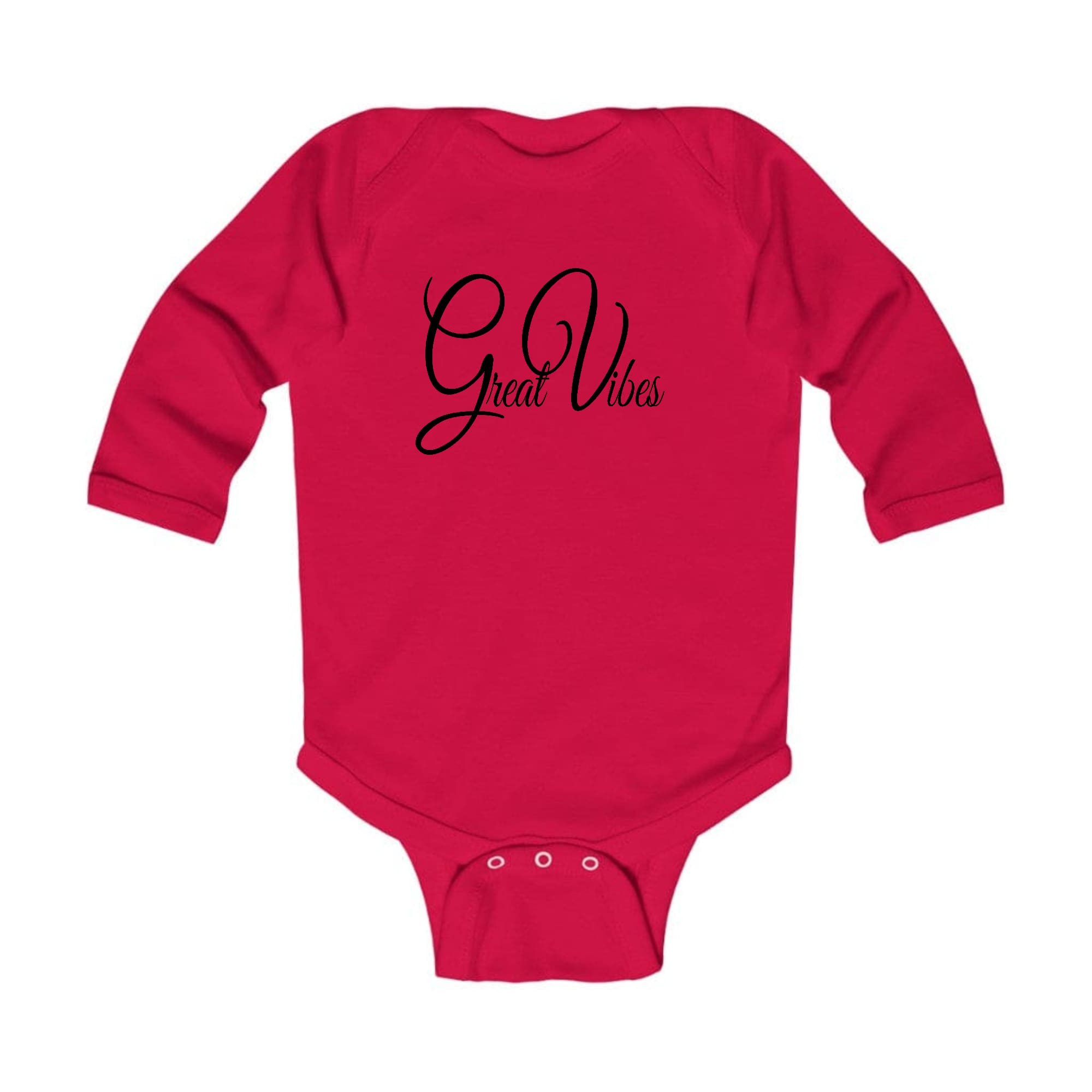 Infant Long Sleeve Graphic T-shirt in black with Great Vibes illustration, featuring lap shoulders and soft cotton fabric.