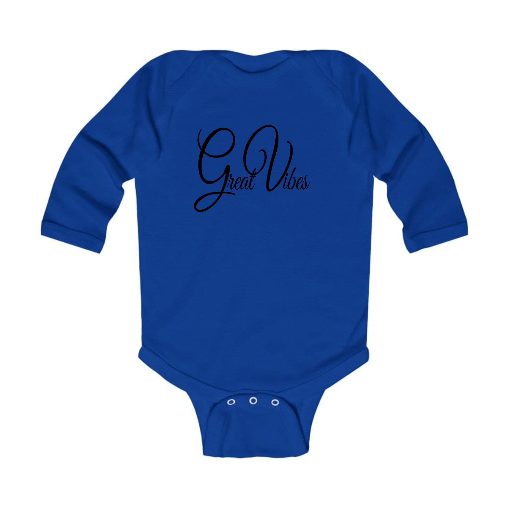 Infant Long Sleeve Graphic T-shirt in black with Great Vibes illustration, featuring lap shoulders and soft cotton fabric.