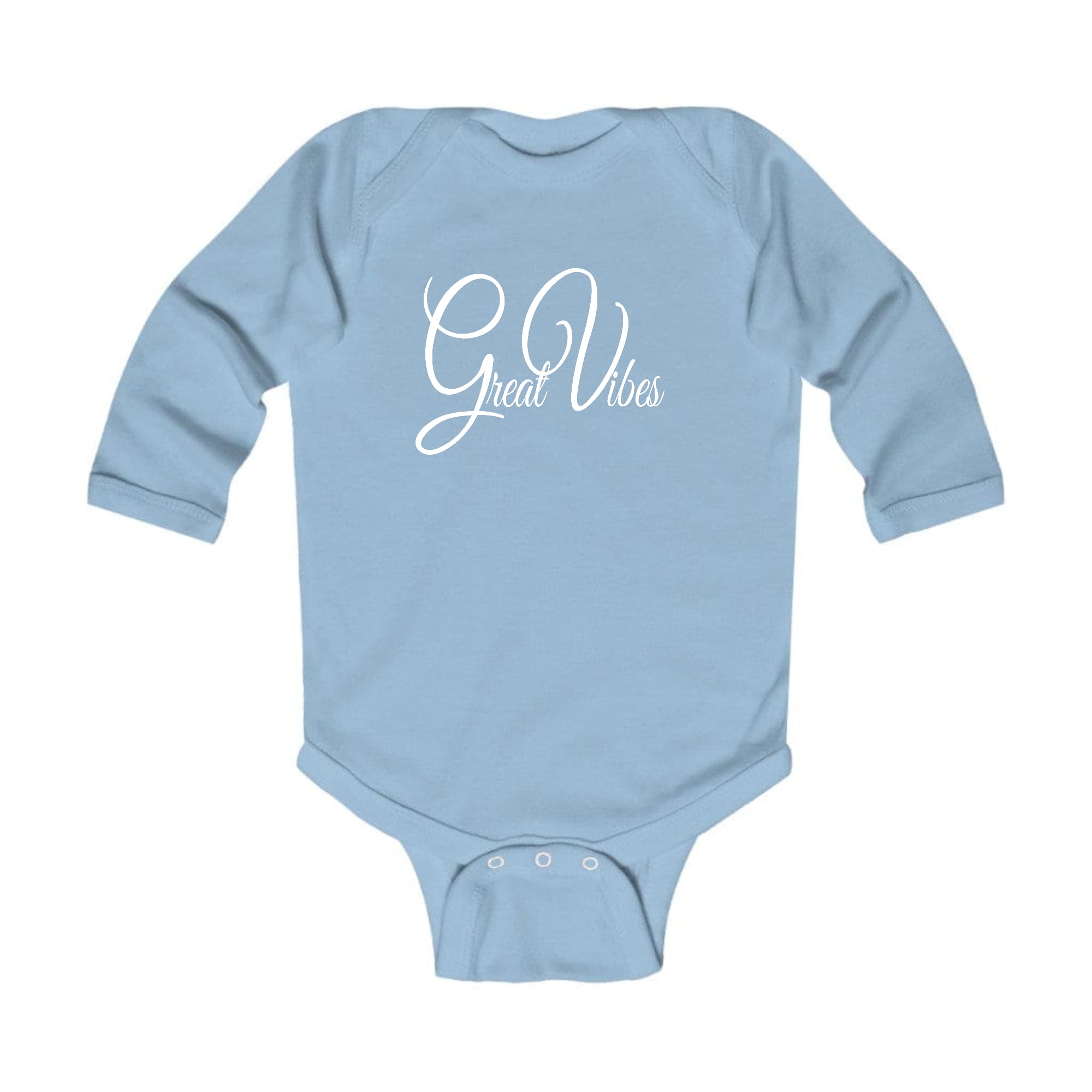 Infant Long Sleeve Graphic T-shirt in vibrant colors with Great Vibes print, featuring lap shoulders and snap closure for easy dressing.