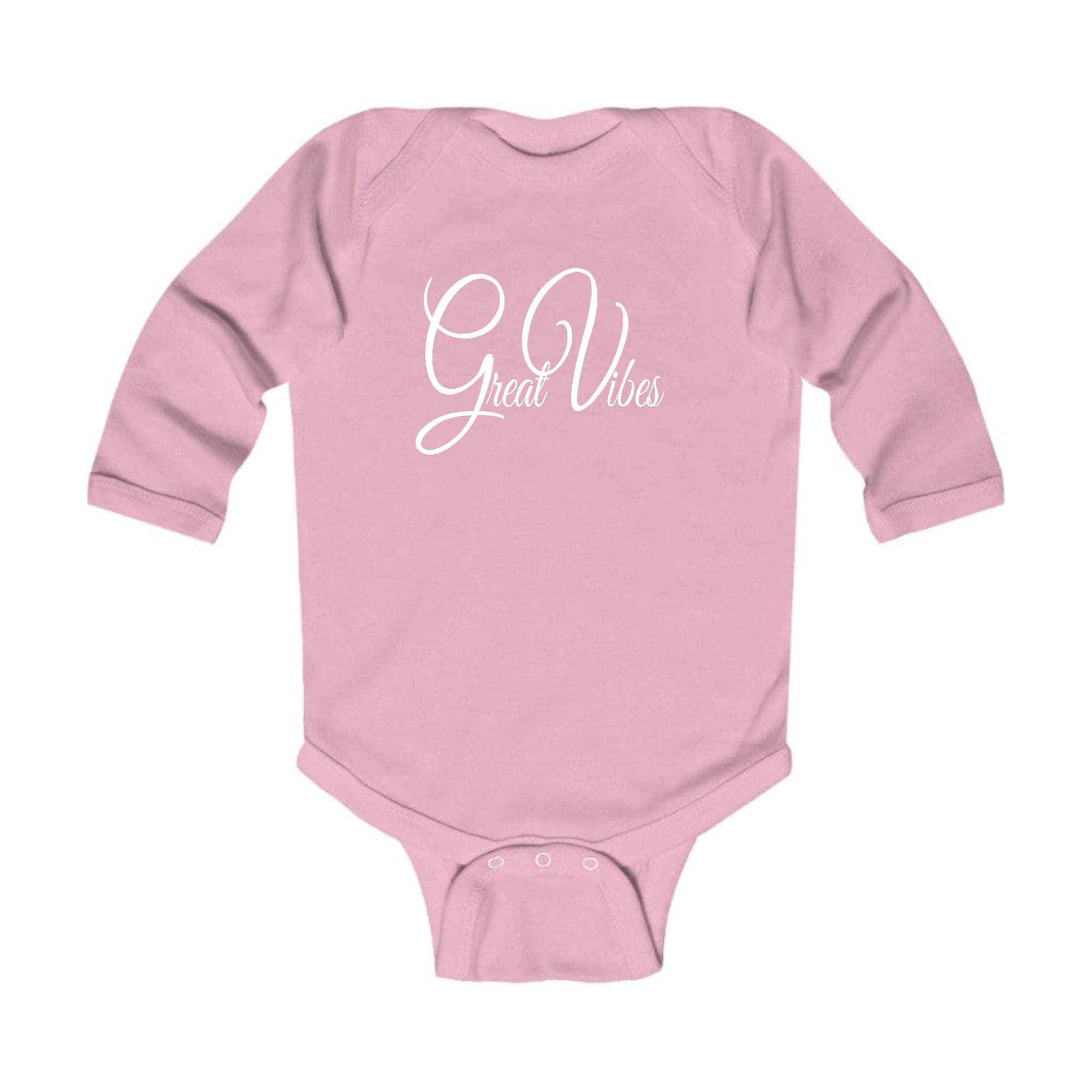 Infant Long Sleeve Graphic T-shirt in vibrant colors with Great Vibes print, featuring lap shoulders and snap closure for easy dressing.