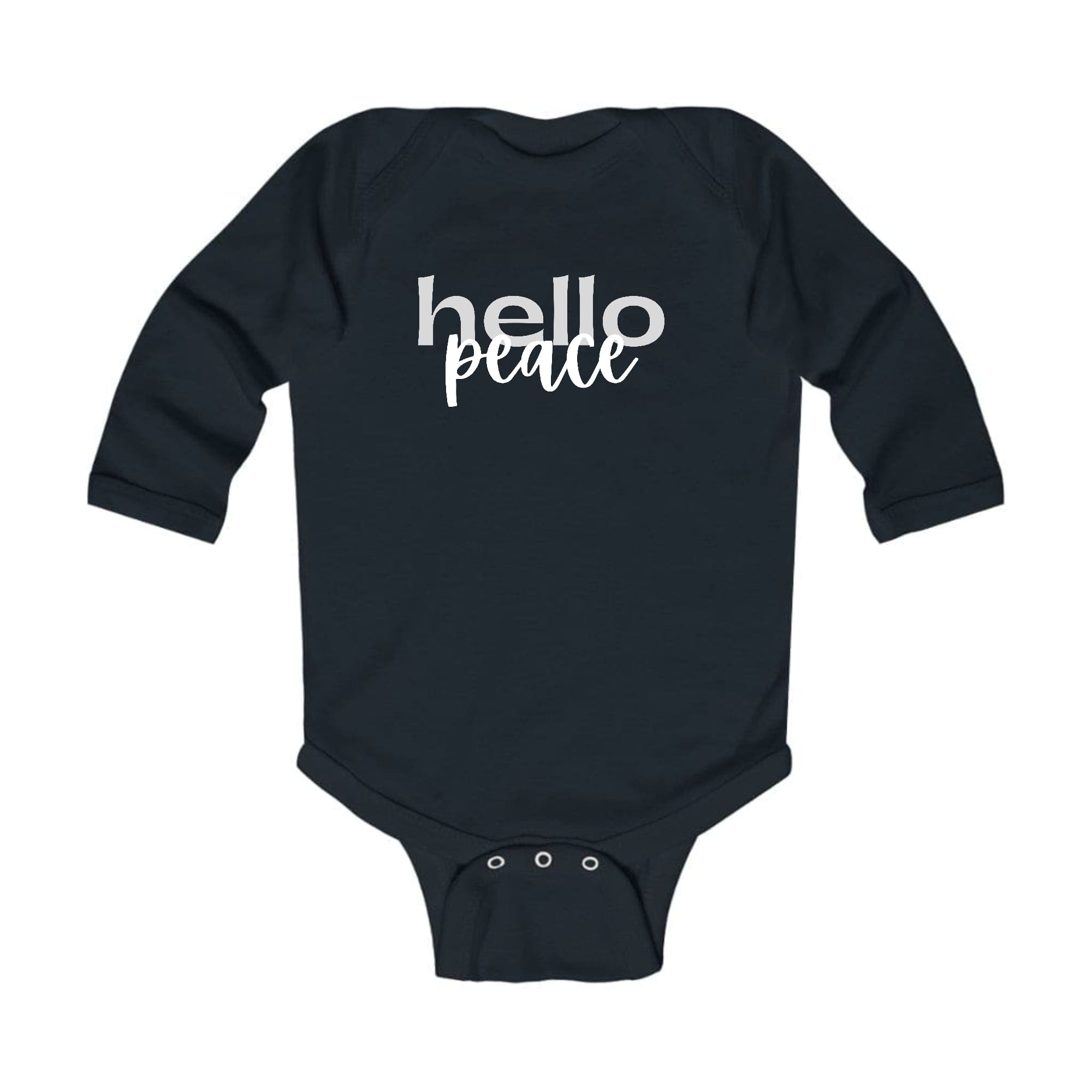 Infant Long Sleeve Graphic T-shirt in grey and white with 'Hello Peace' motivational design, perfect for babies.