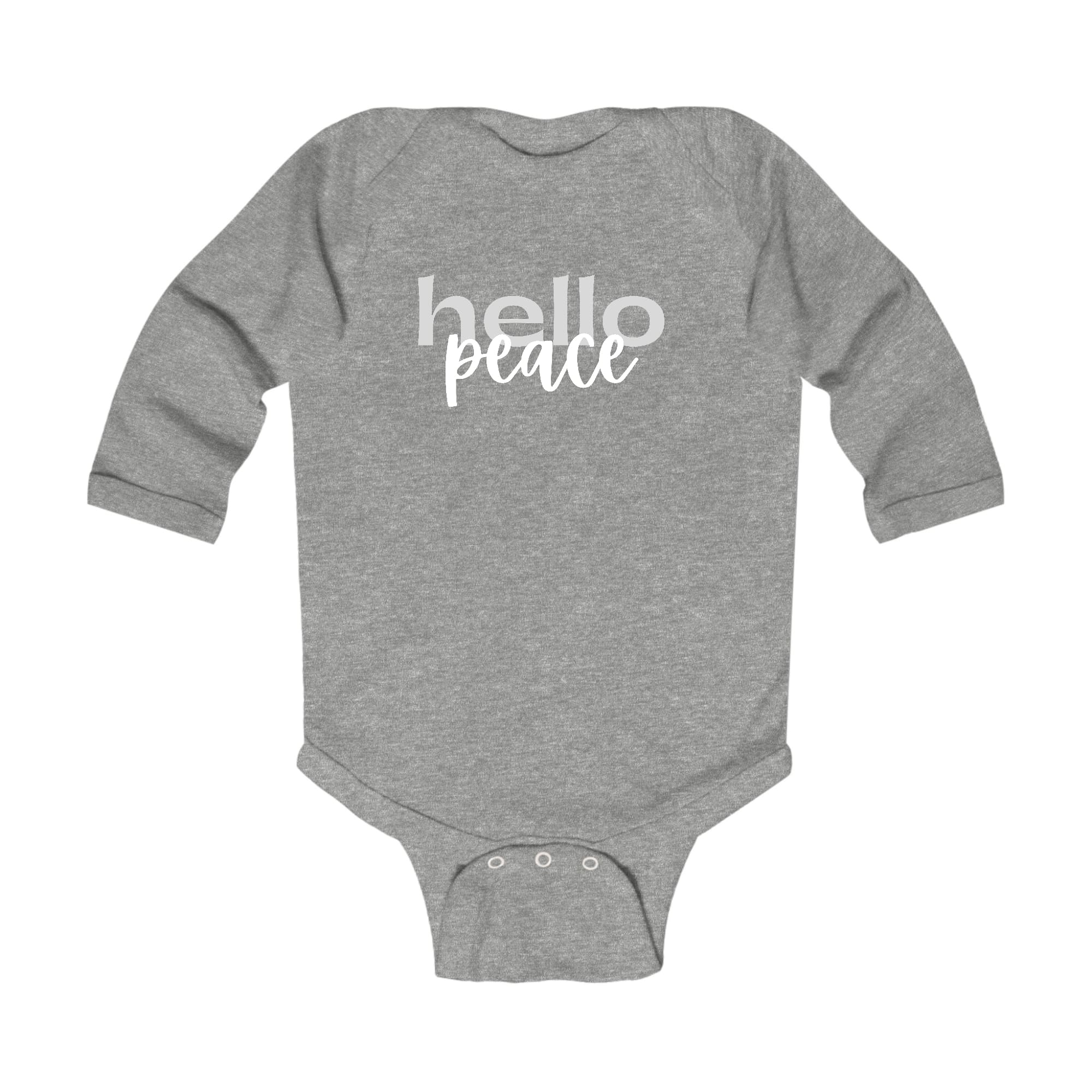 Infant Long Sleeve Graphic T-shirt in grey and white with 'Hello Peace' motivational design, perfect for babies.