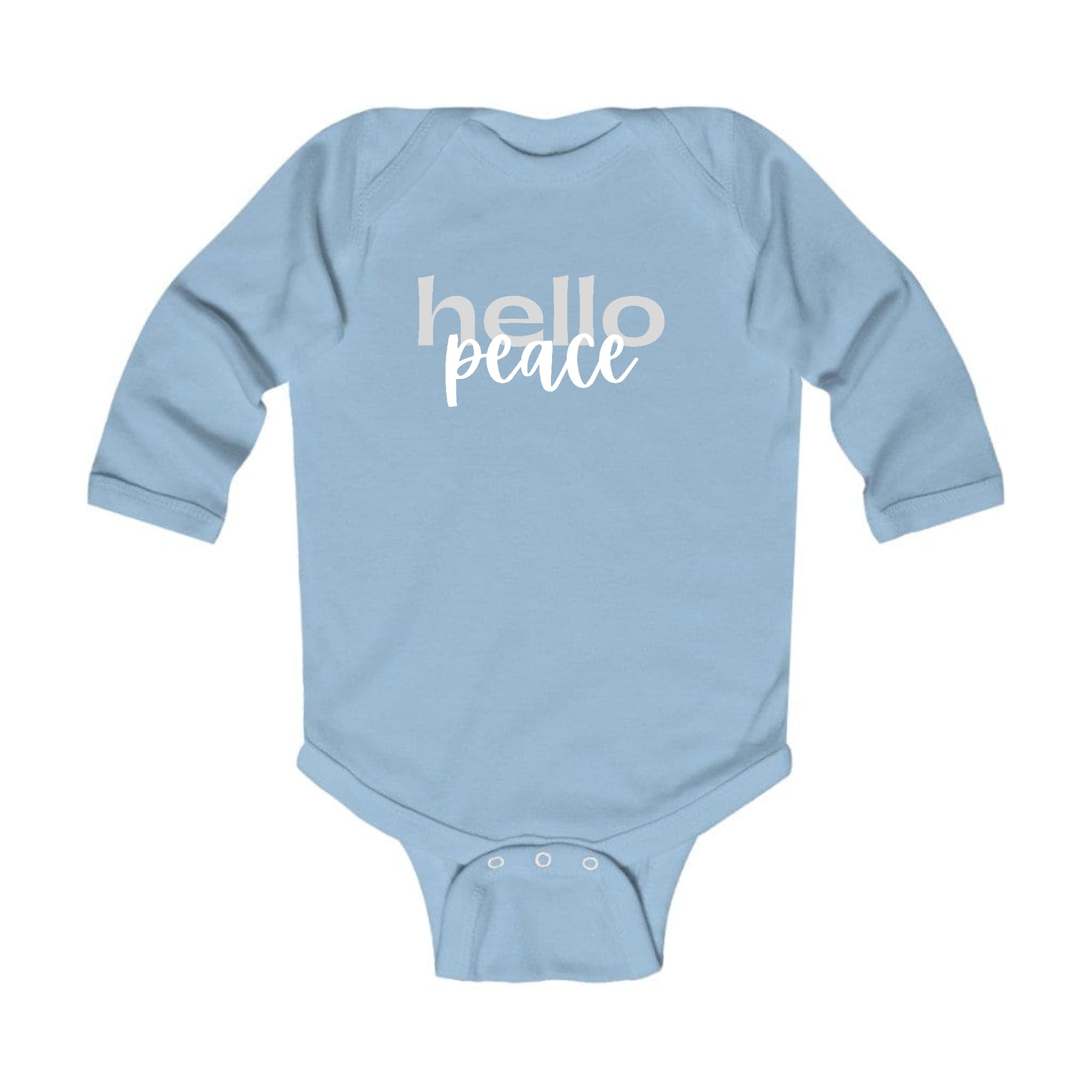 Infant Long Sleeve Graphic T-shirt in grey and white with 'Hello Peace' motivational design, perfect for babies.