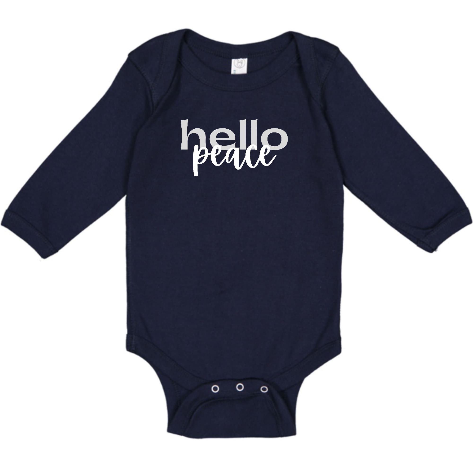 Infant Long Sleeve Graphic T-shirt in grey and white with 'Hello Peace' motivational design, perfect for babies.