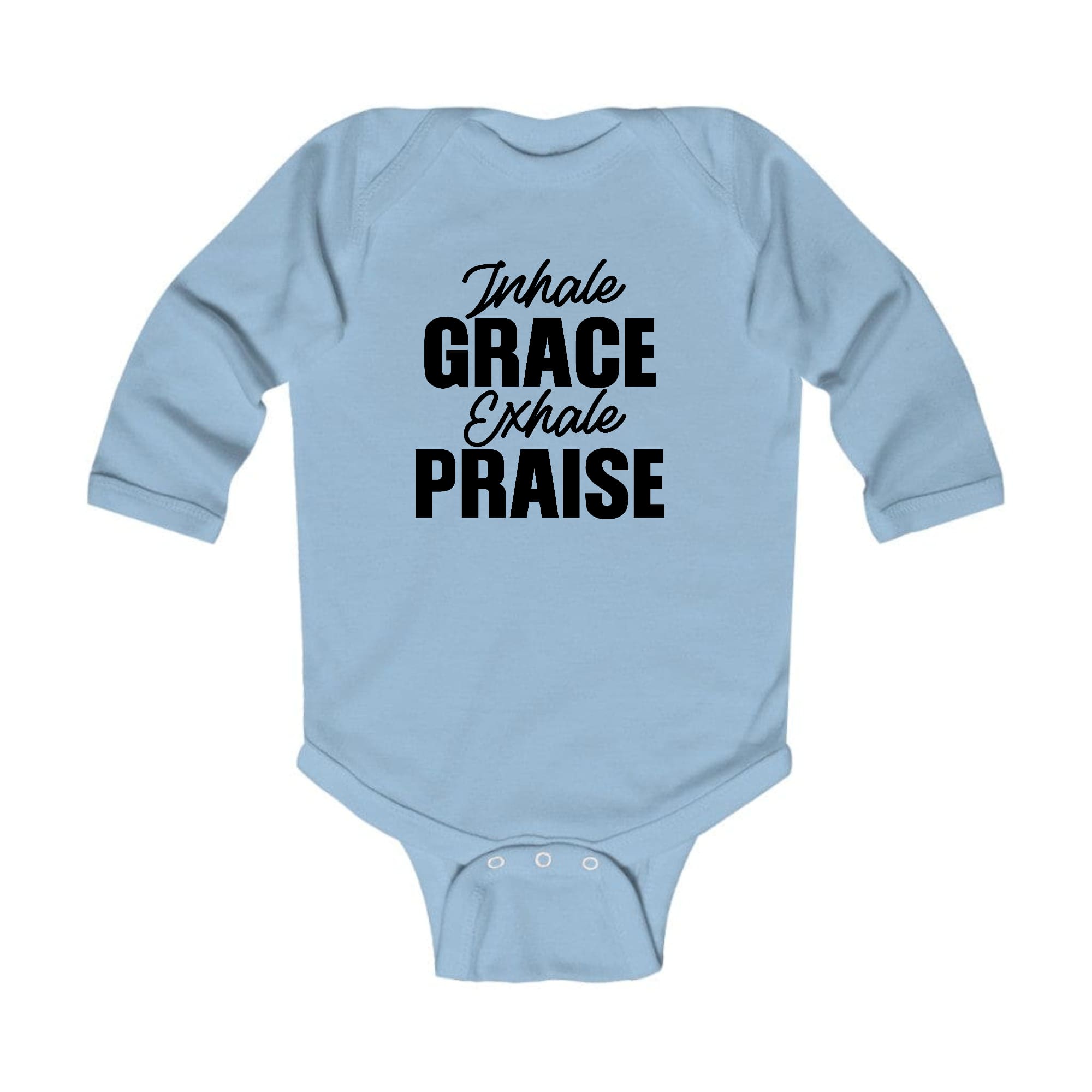 Infant Long Sleeve Graphic T-shirt in black with 'Inhale Grace Exhale Praise' design, featuring lap shoulders for easy dressing.