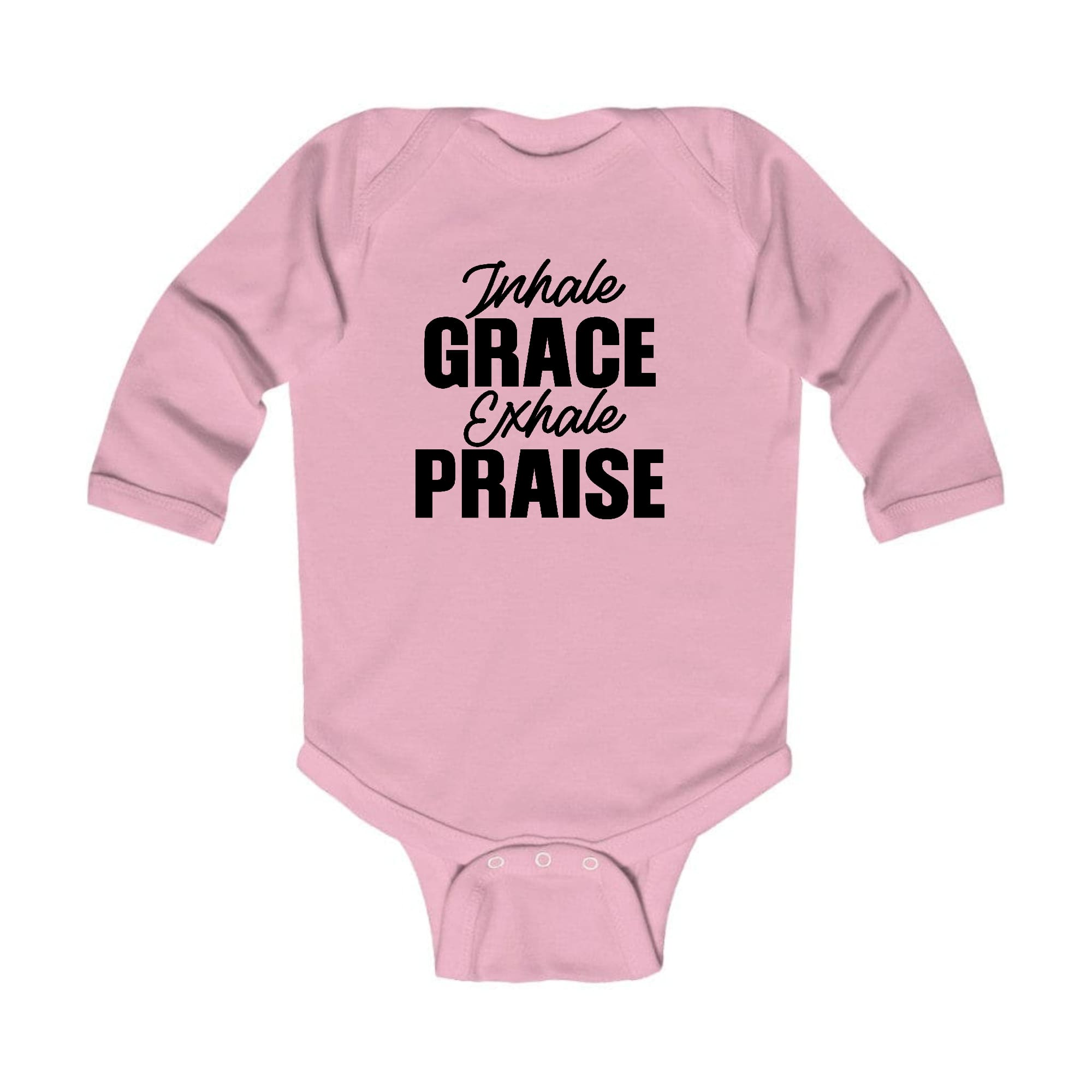 Infant Long Sleeve Graphic T-shirt in black with 'Inhale Grace Exhale Praise' design, featuring lap shoulders for easy dressing.