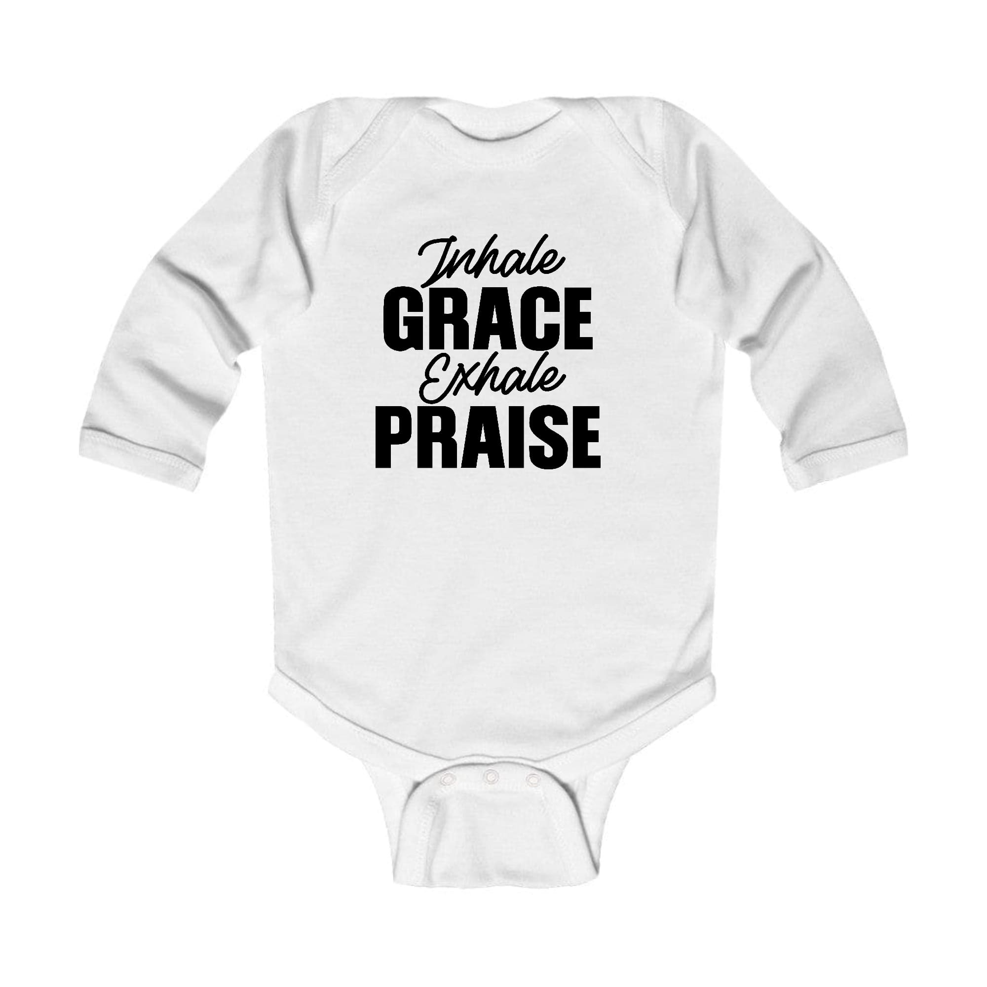 Infant Long Sleeve Graphic T-shirt in black with 'Inhale Grace Exhale Praise' design, featuring lap shoulders for easy dressing.