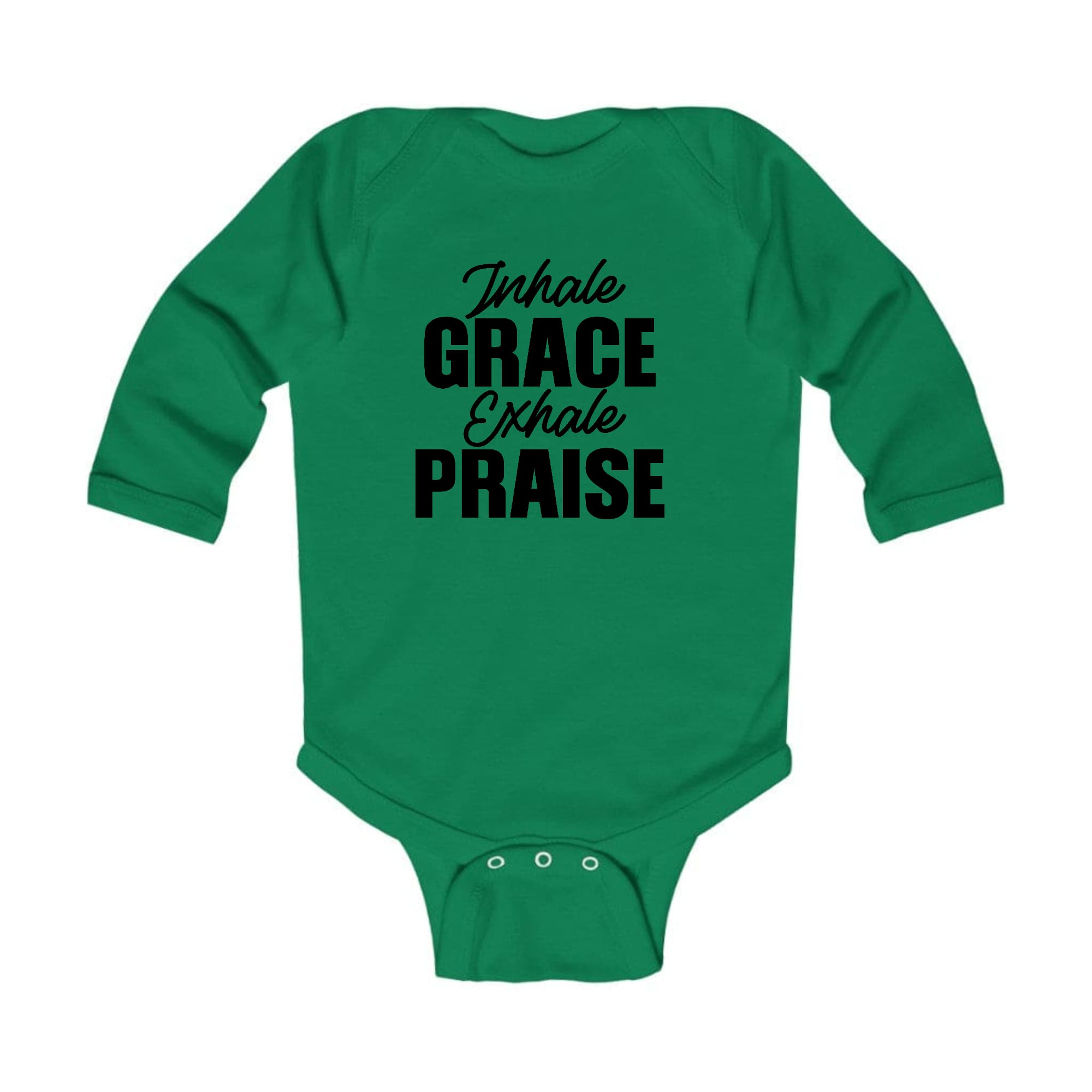 Infant Long Sleeve Graphic T-shirt in black with 'Inhale Grace Exhale Praise' design, featuring lap shoulders for easy dressing.